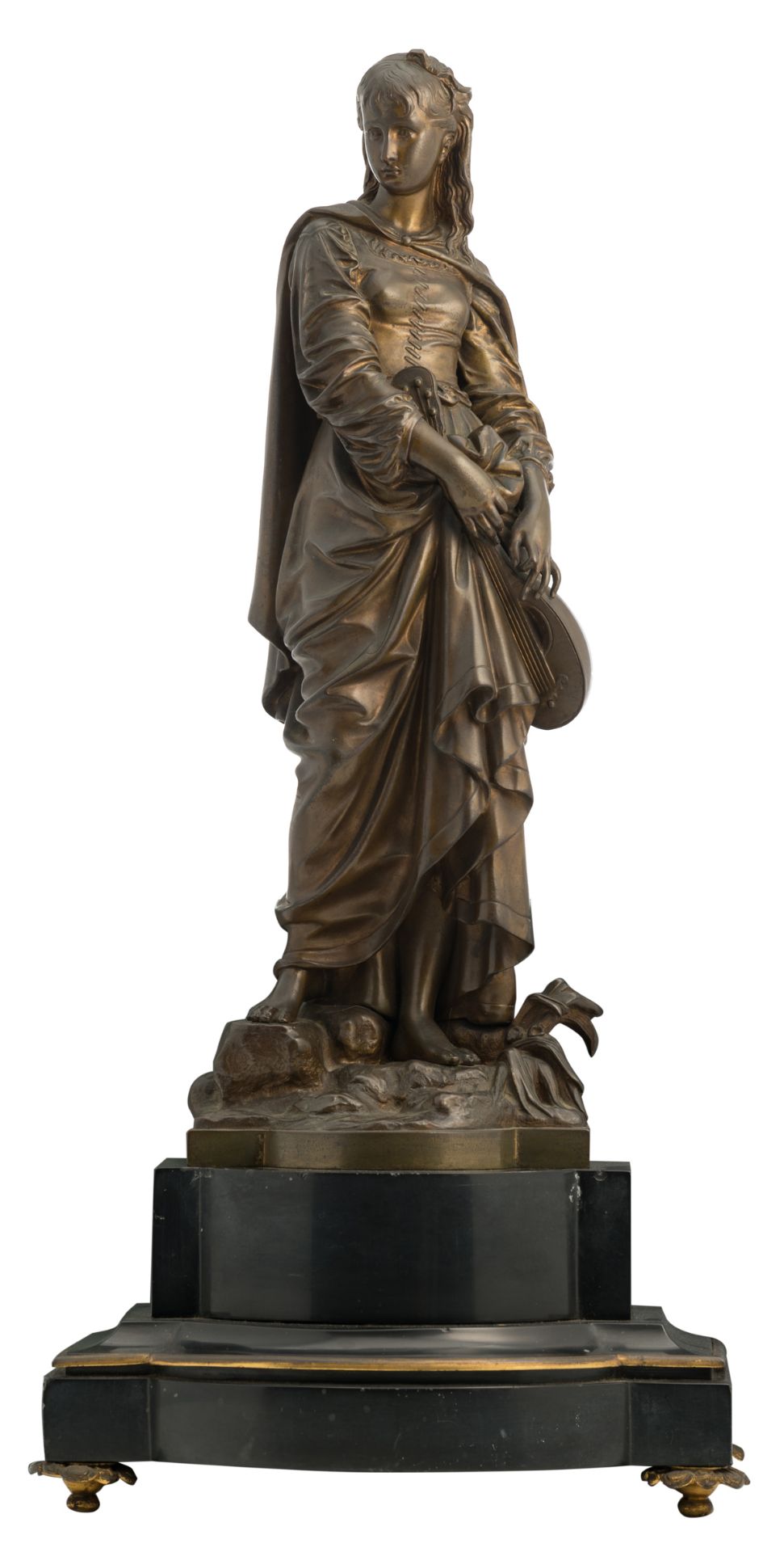 Bouret E., a girl with a lute, patinated bronze on a Noir Belge marble base, H 46 (without base) - 5