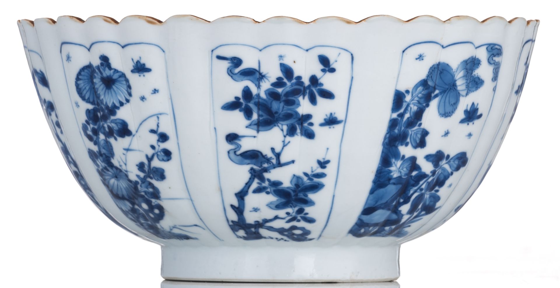 A Chinese blue and white deep fluted bowl and saucer with fluted rim, decorated with panels, filled - Image 4 of 8