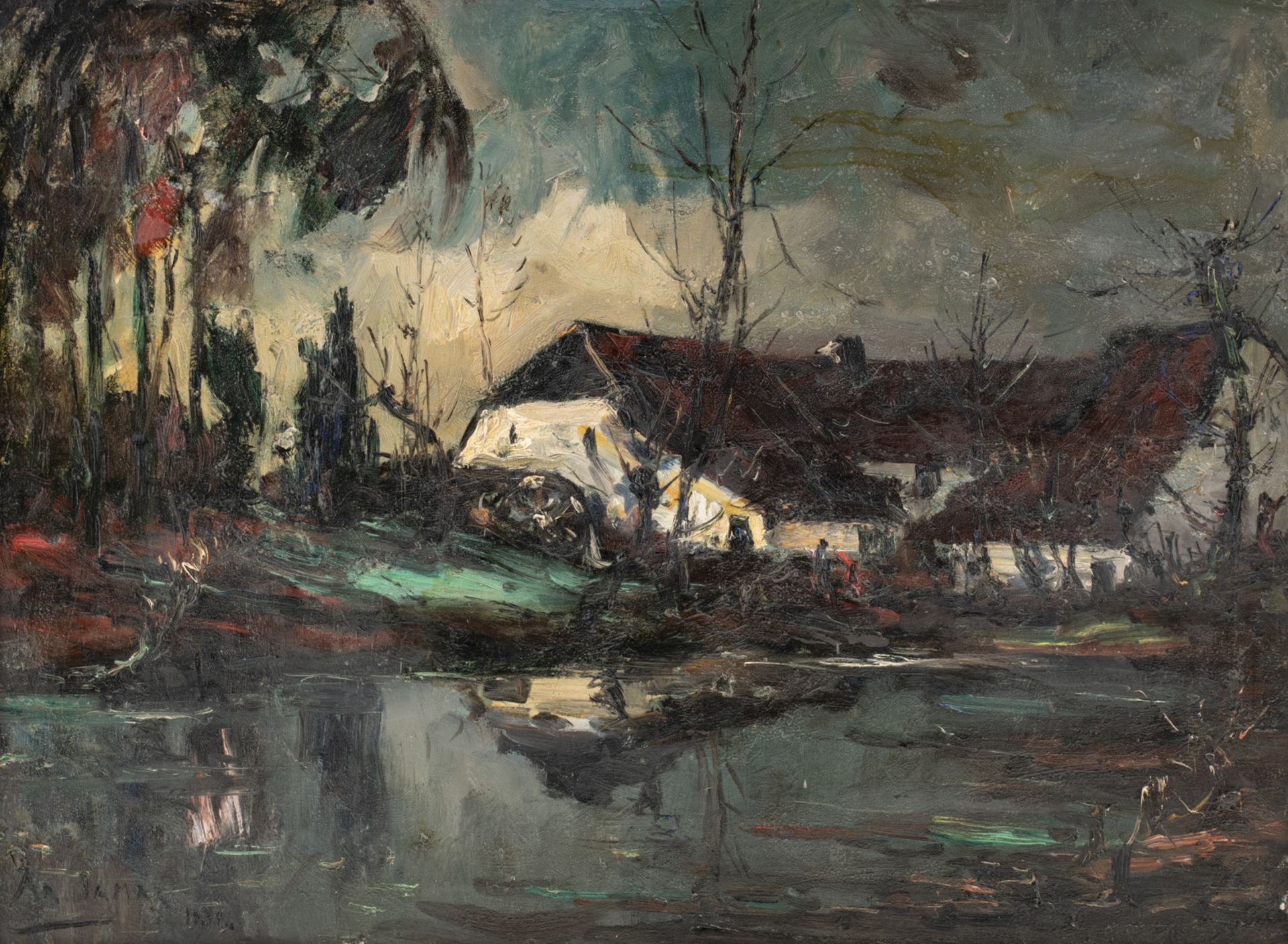 Jamar A., 'Etang avec moulin - Ninove' - a rural view with a farm, oil on canvas, 56 x 75 cm