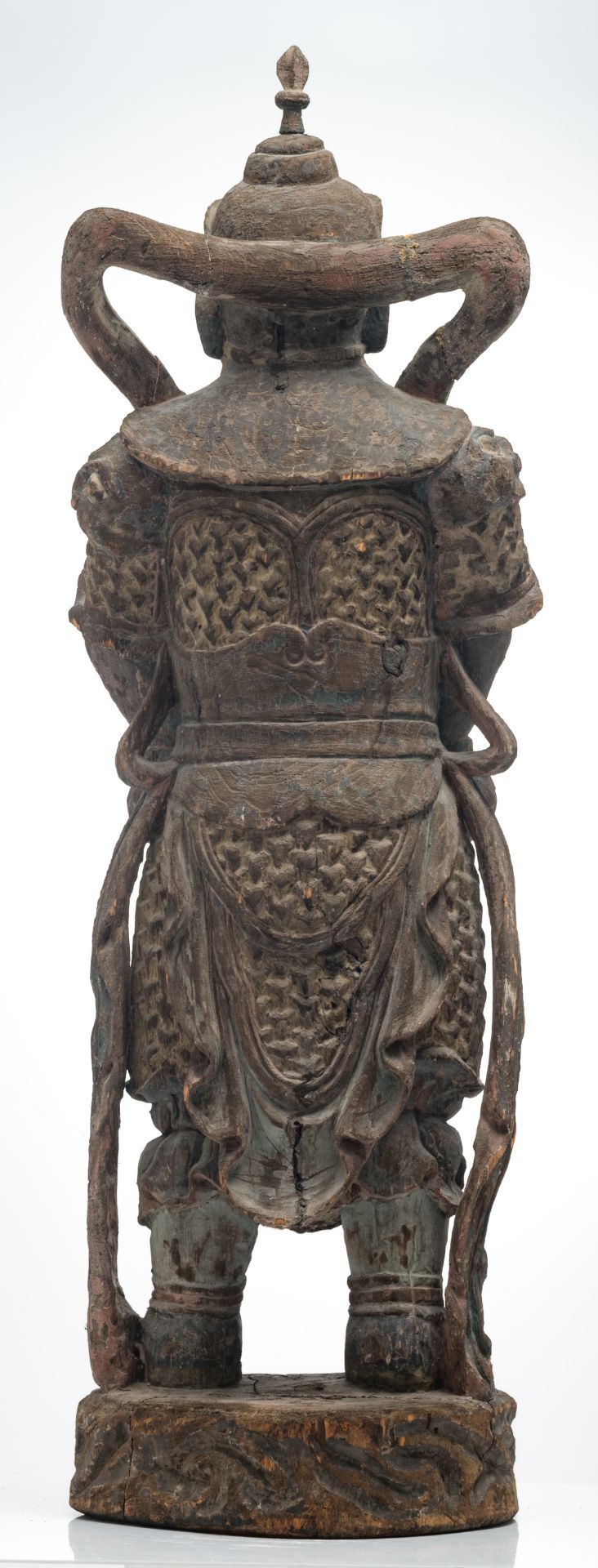 A large Chinese polychrome decorated carved wooden figure of a Namaskara Mudra Buddha, H 141,5 cm - Image 3 of 5