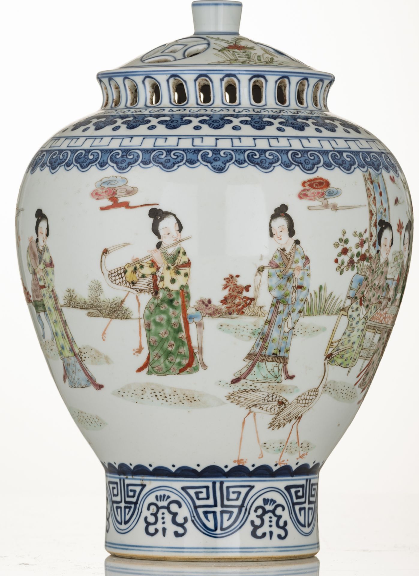 A Chinese blue and white and famille rose incense burner, decorated with a gallant garden scene, wit - Image 5 of 8