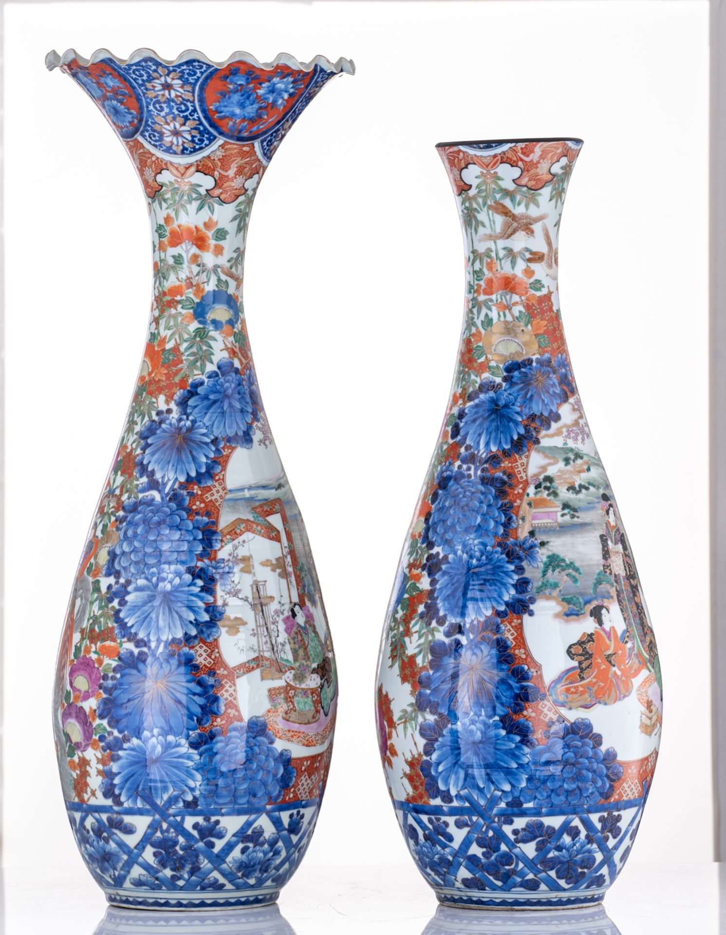 A large pair of Japanese polychrome floral vases, overall decorated with birds and an animated scene - Image 4 of 8