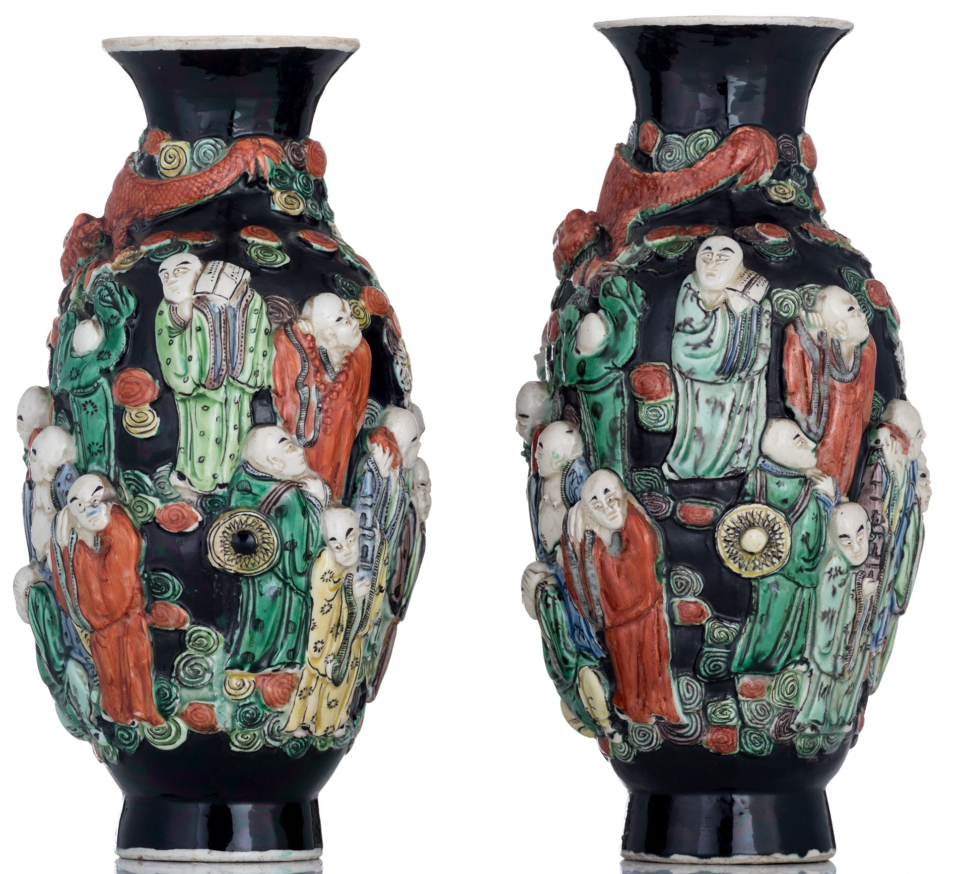 A Chinese near pair of black ground and polychrome vases, relief decorated with figures and a dragon - Bild 2 aus 6