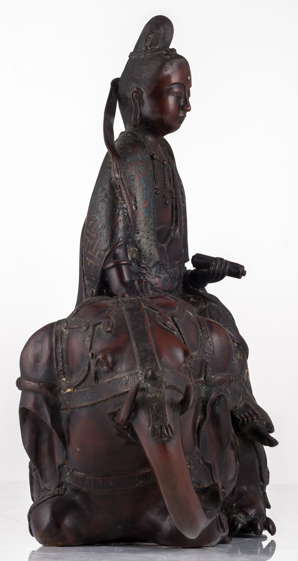 A Chinese cloisonné enamel bronze group, depicting a seated Guanyin on an elephant, marked, H 40 - W - Image 4 of 5