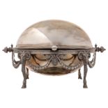 An English silver plated neoclassical covered caviar server with a bone handle, H 25 - W 38 - D 24 c