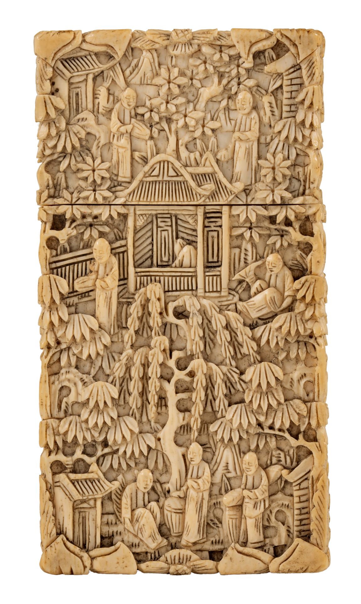 A fine sculpted Chinese ivory card case with figures in a garden and terrace setting, last quarter o
