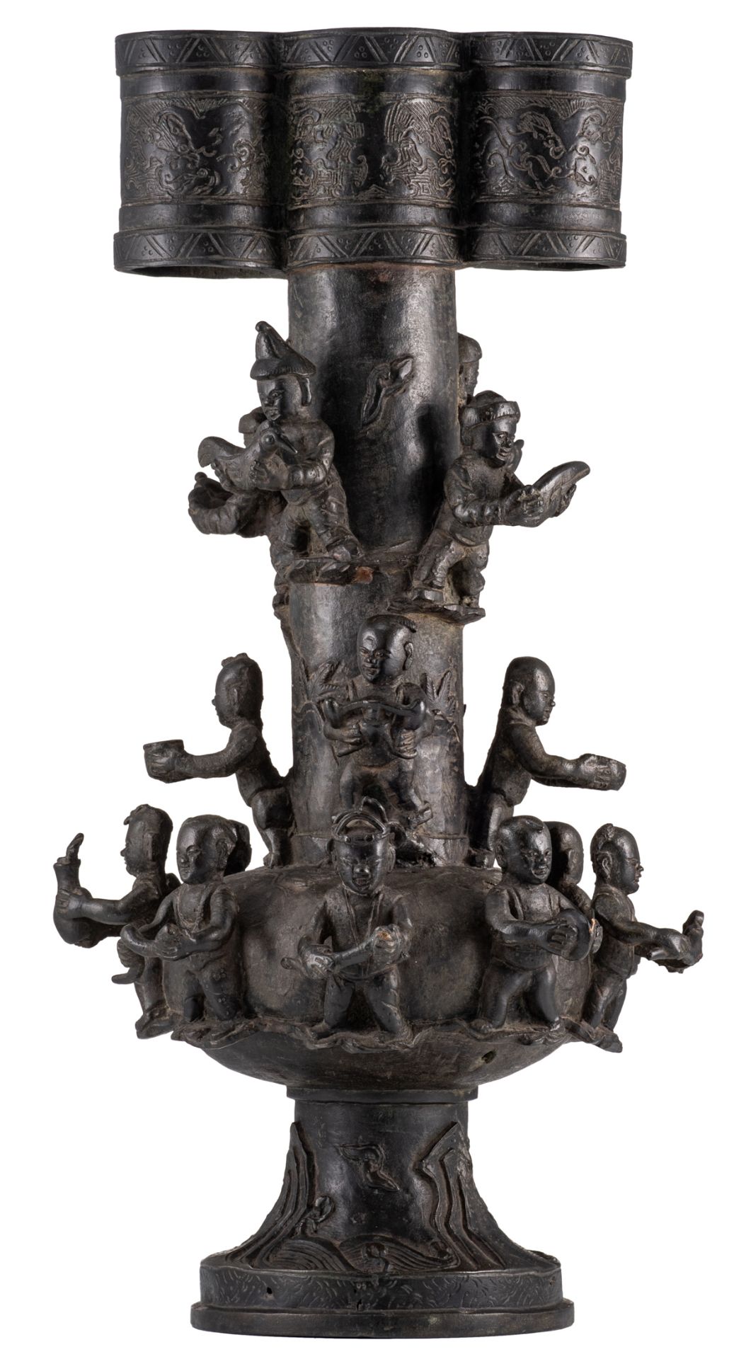 An archaic Chinese relief decorated bronze arrow vase, the body surrounded with boys, H 47,5 cm