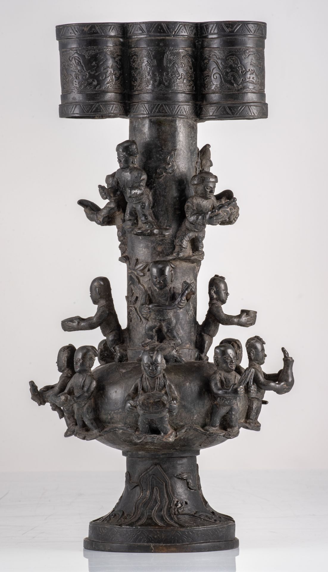 An archaic Chinese relief decorated bronze arrow vase, the body surrounded with boys, H 47,5 cm - Image 5 of 10