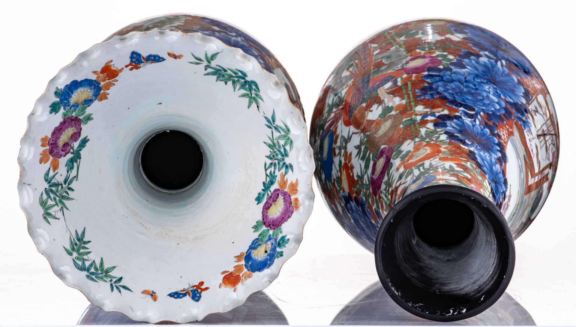 A large pair of Japanese polychrome floral vases, overall decorated with birds and an animated scene - Image 5 of 8