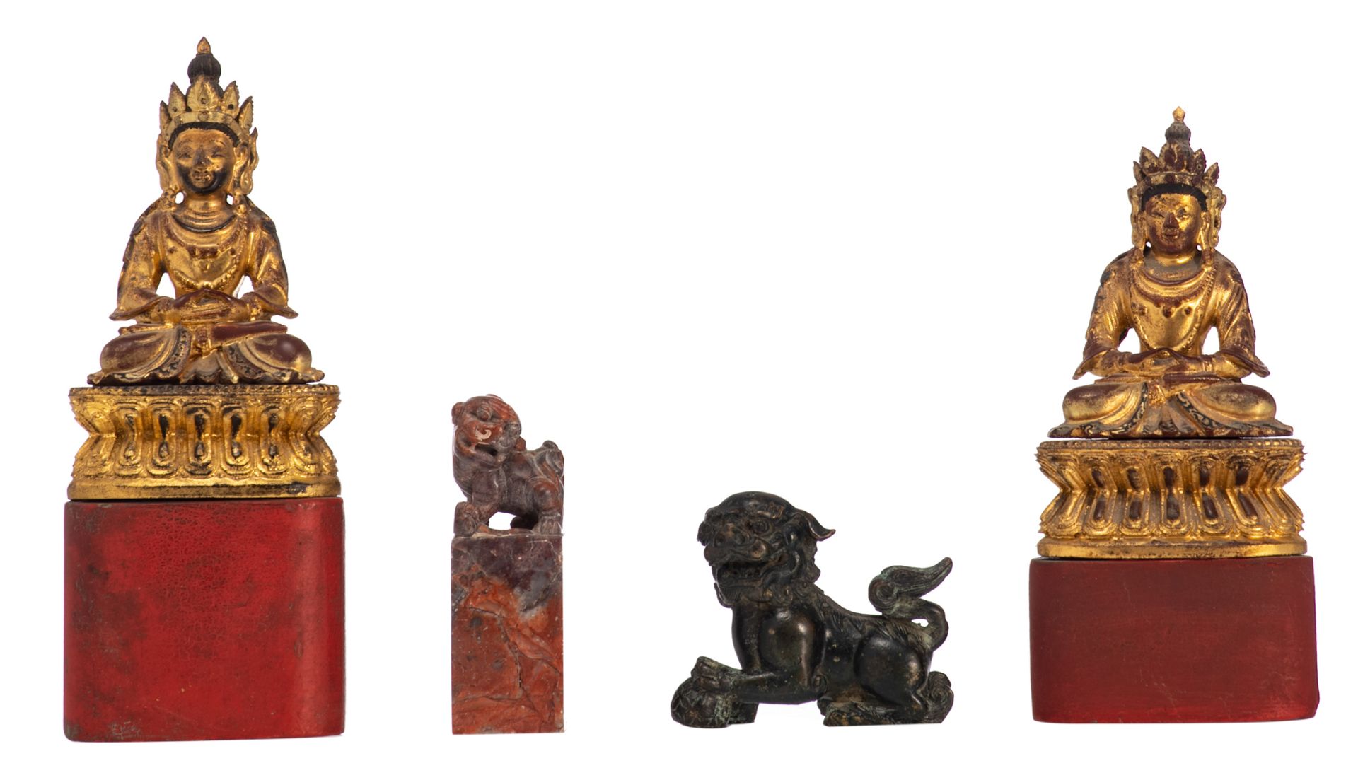 Two small Chinese gilt and polychrome wooden carved Buddhas on a wooden base; a bronze Ming style li