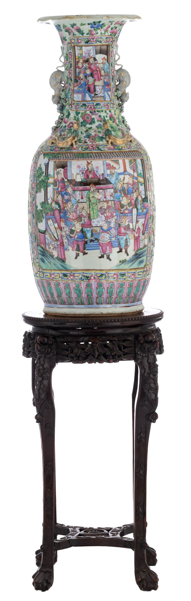 A large Chinese famille rose vase, decorated with court scenes, 19thC; added a Chinese carved hardwo - Image 8 of 8