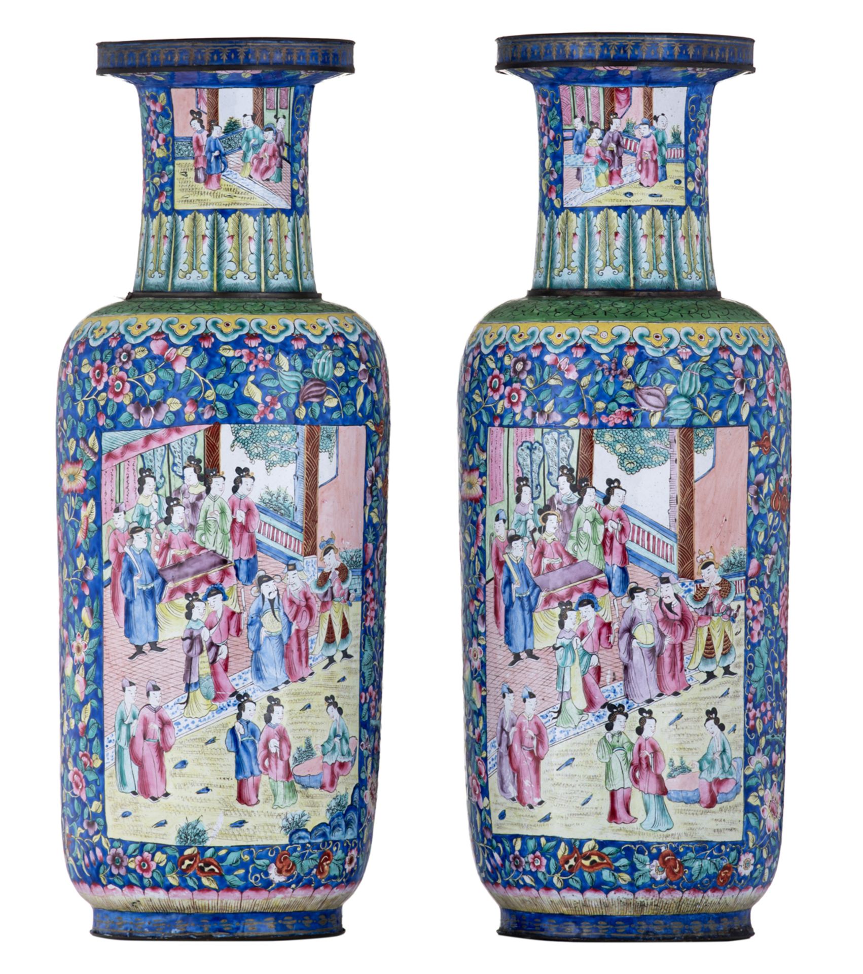 Two Chinese Canton enamel floral decorated vases, the roundels with animated scenes and dignitaries,