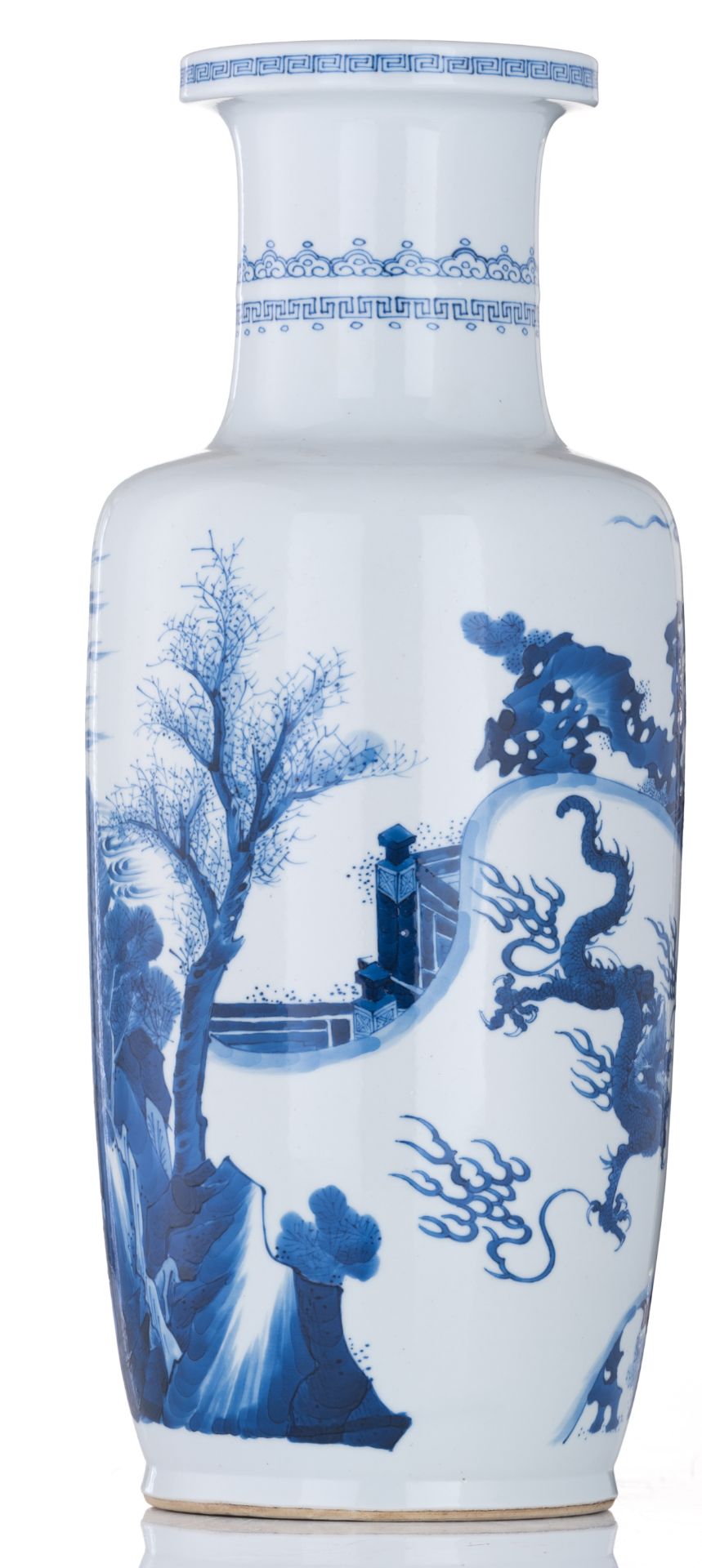 A Chinese blue and white rouleau vase, decorated with a scene referring to the mythical or historica - Image 4 of 6