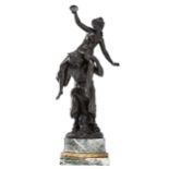Clodion, satyr and nymph, patinated bronze on a vert de mer marble base with a gilt bronze mount, H