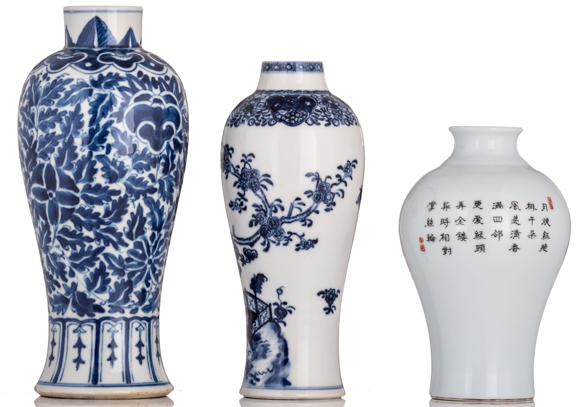 Two Chinese blue and white floral decorated meiping vases; added a ditto famille rose vase, decorate - Image 3 of 7