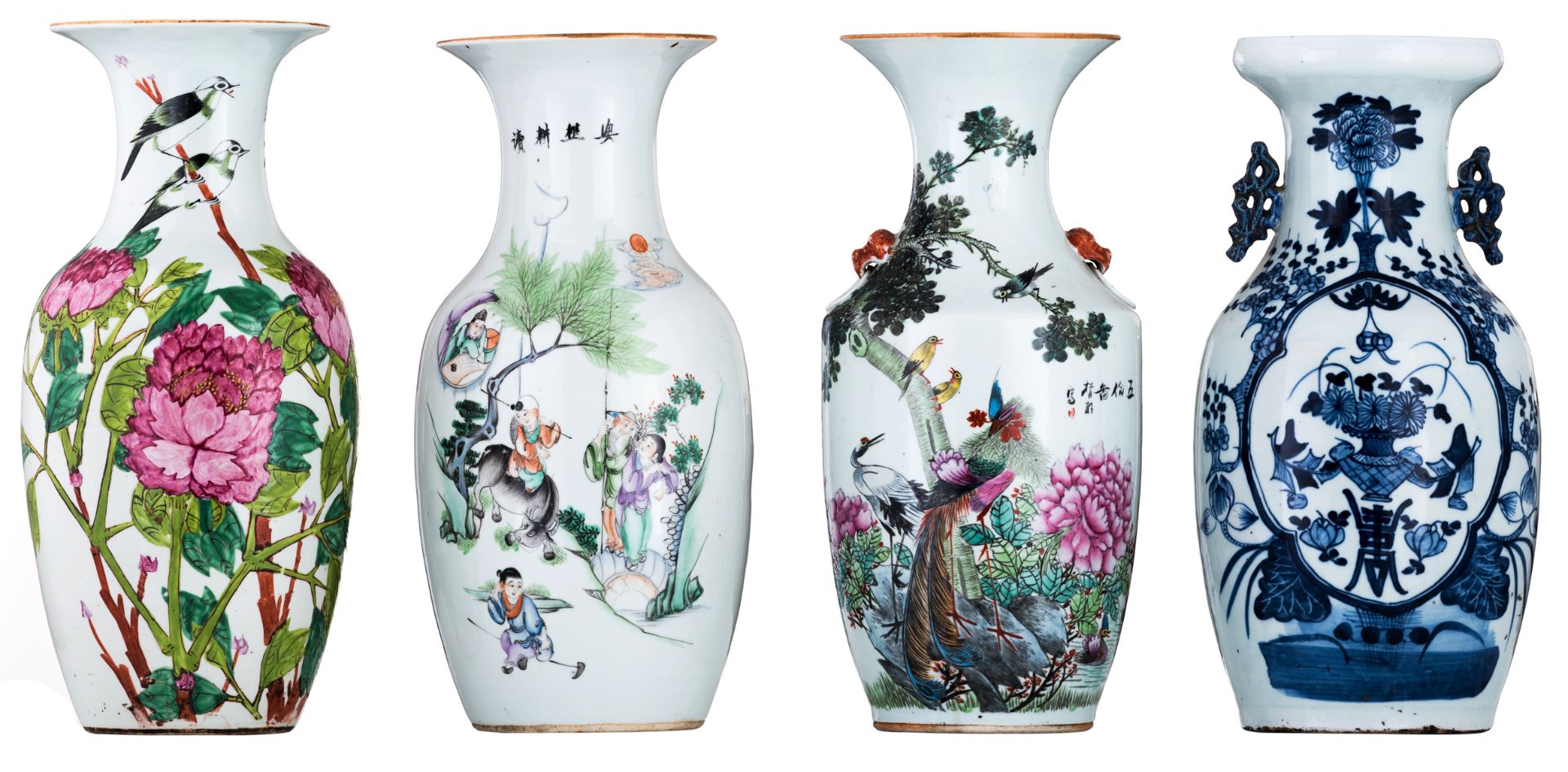 A lot of three Chinese vases, famille rose and polychrome decorated with children, flowers and birds