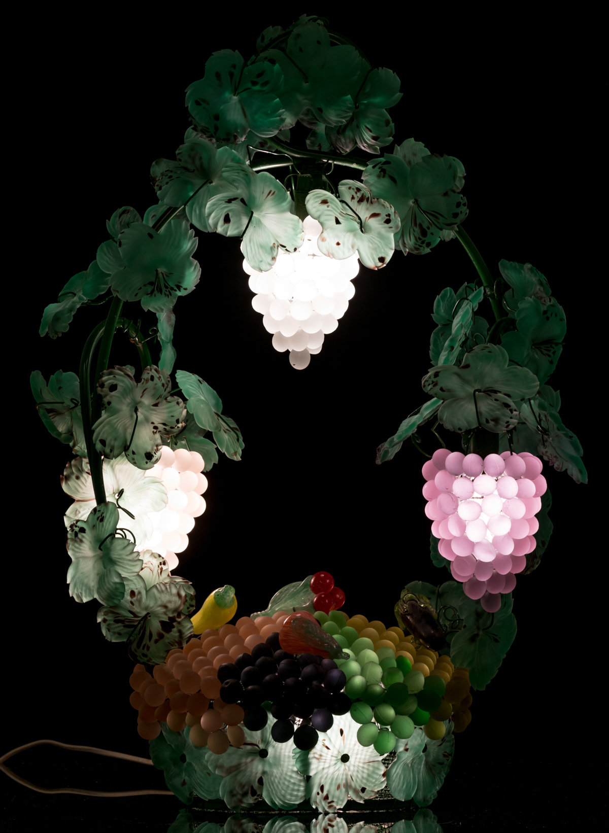 A mood lighting lamp shaped as a fruit basket, various coloured and frosted glass, with a metal moun - Image 3 of 3