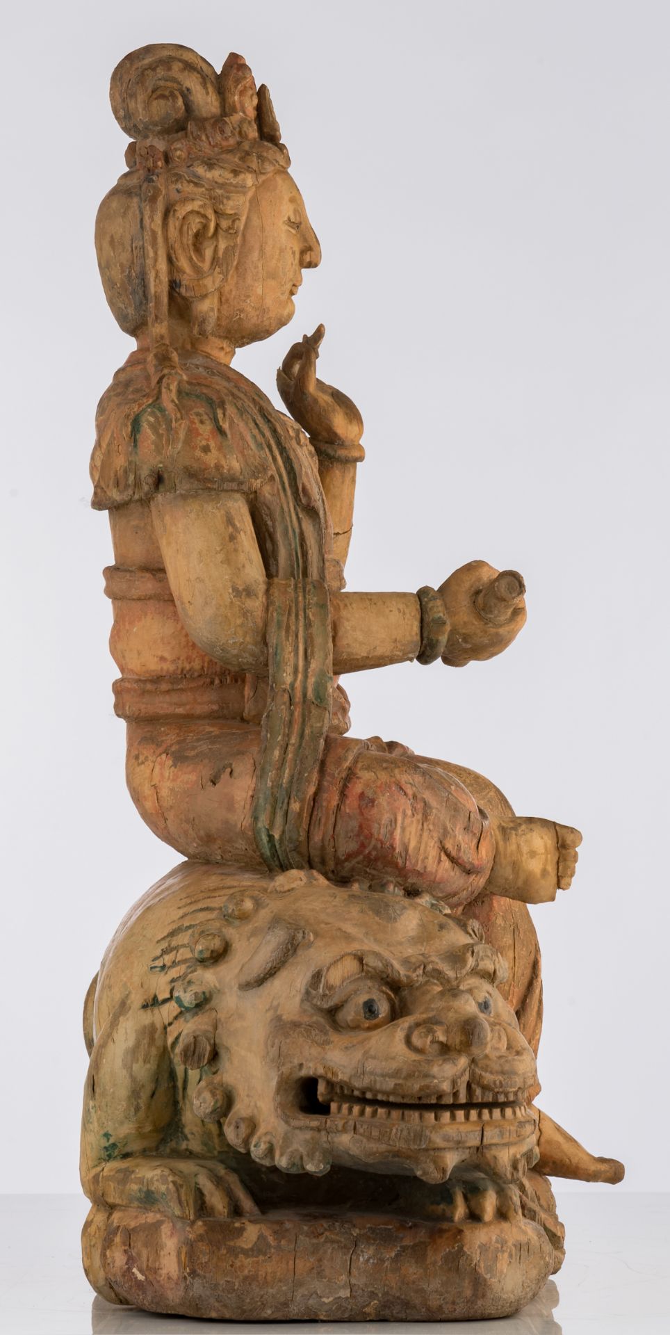 Two wooden sculptures representing Puxian Pusa on his mount and Wenshu Pusa on a lion, 16th - 17thC, - Image 11 of 12
