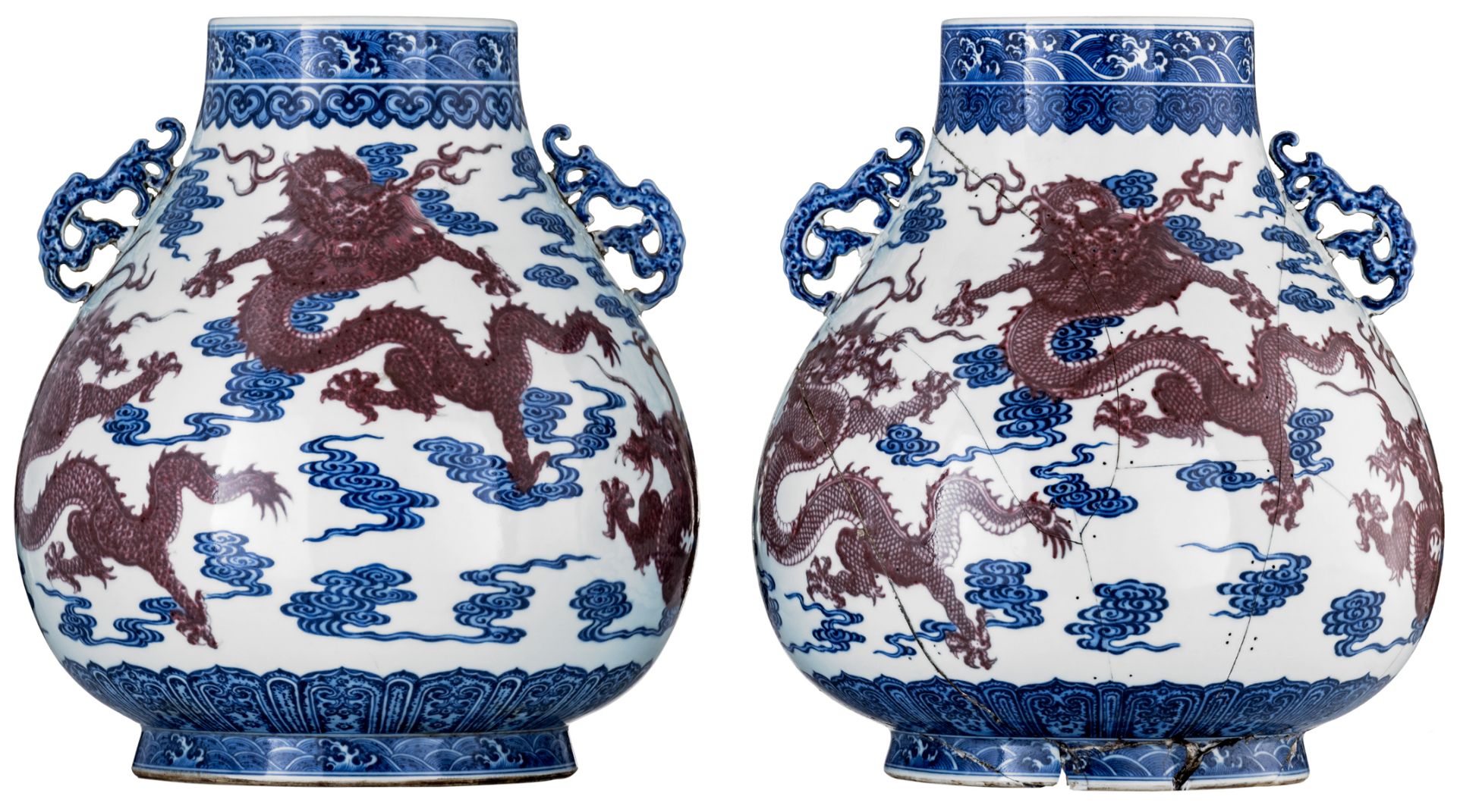 A near pair of Chinese cobalt blue and copper red Hu vases, decorated with dragons amongst clouds, t