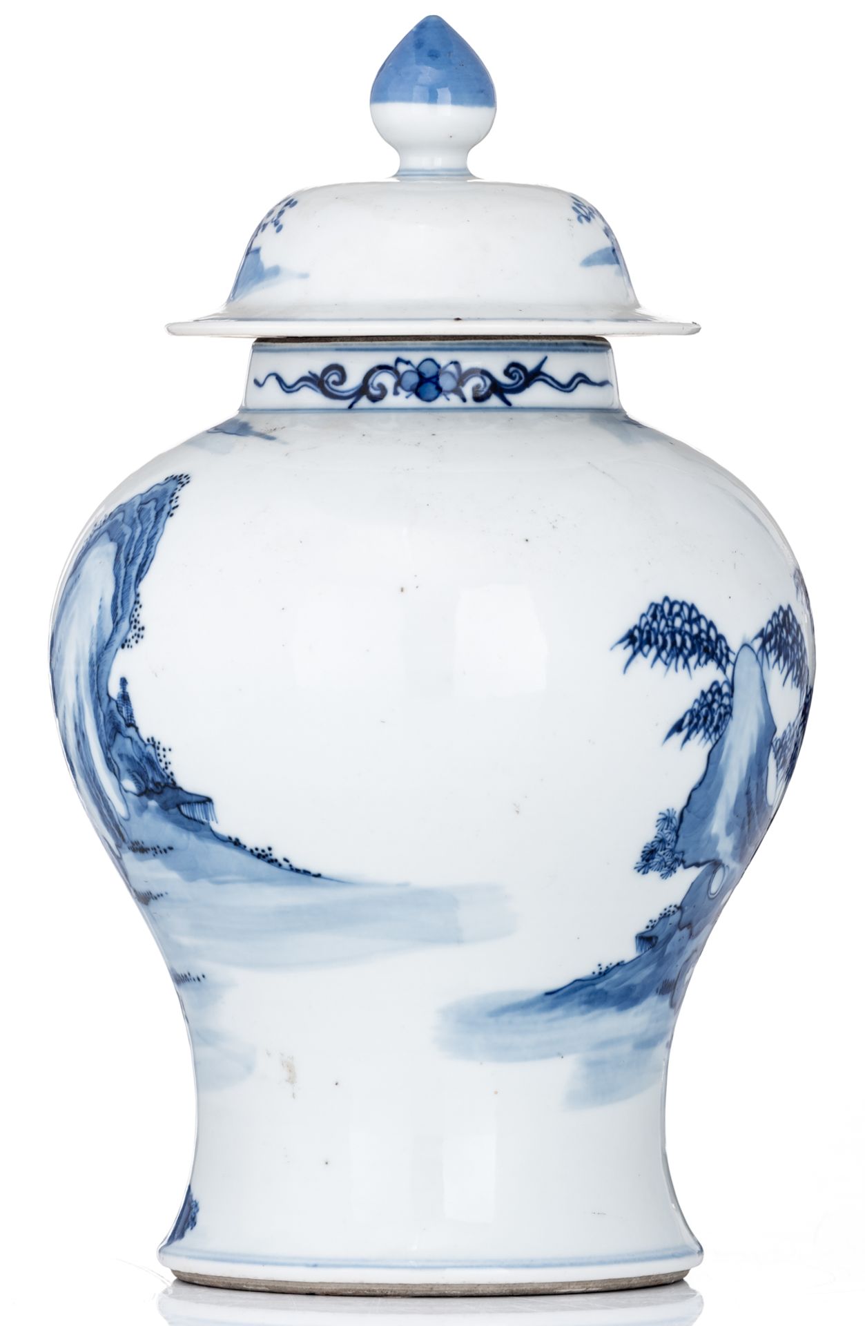 A Chinese blue and white vase and cover, decorated with an animated scene, with a Kangxi mark, H 33 - Image 3 of 6