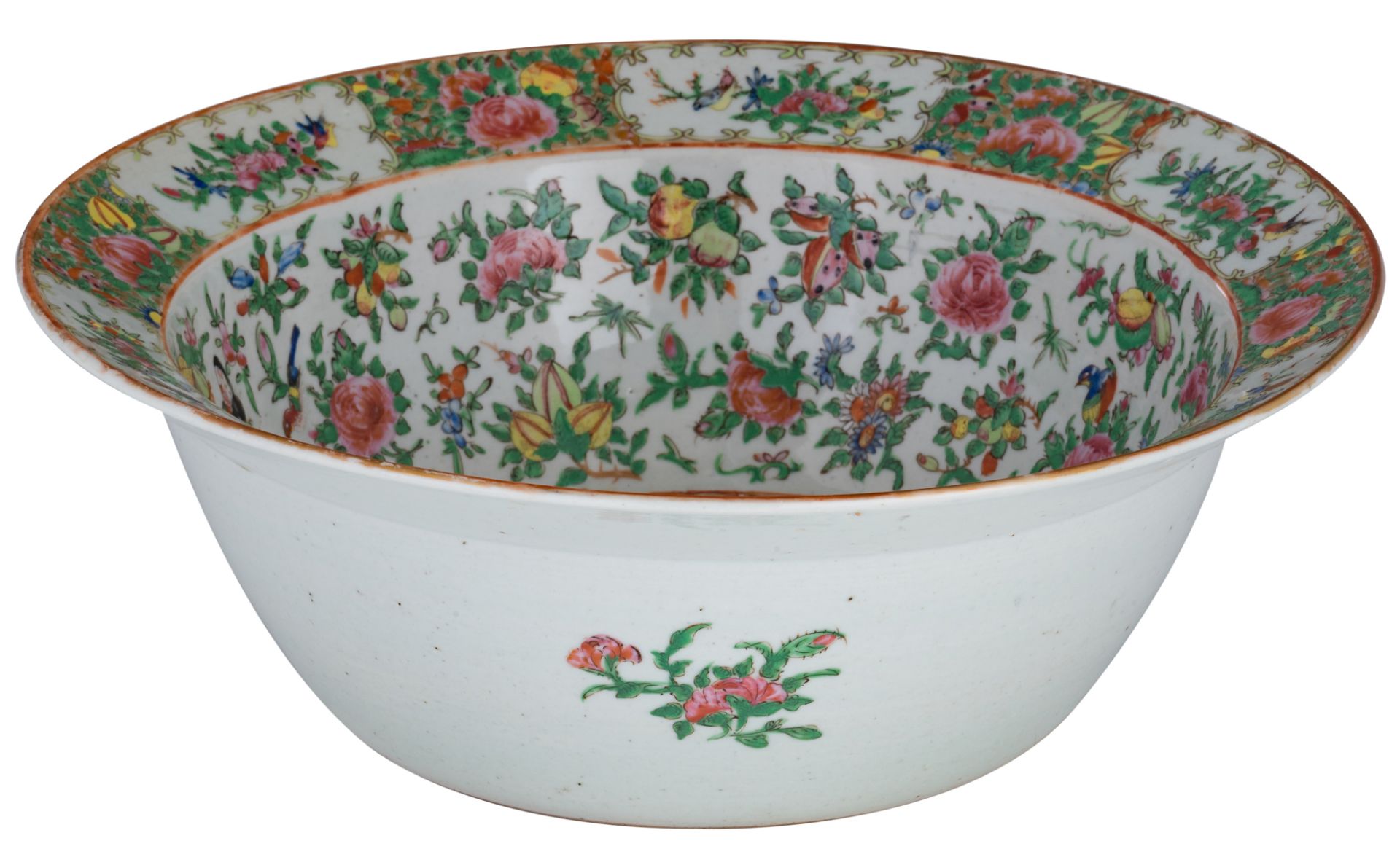 A large Chinese famille rose Canton bowl, decorated with birds, butterflies and flower branches, 19t