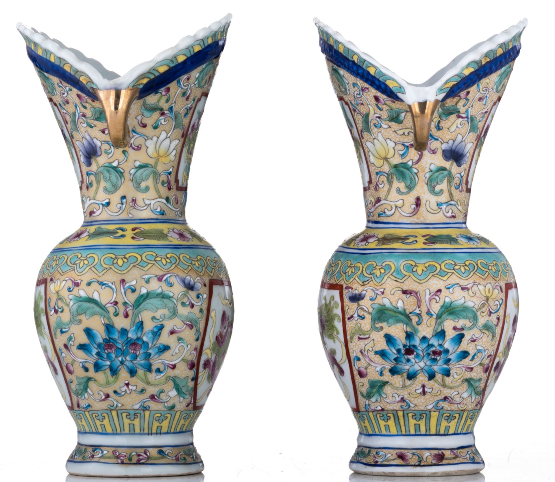 A pair of Chinese porcelain vases with polychrome enamels, decorated with flower scrolls and panels - Image 2 of 6