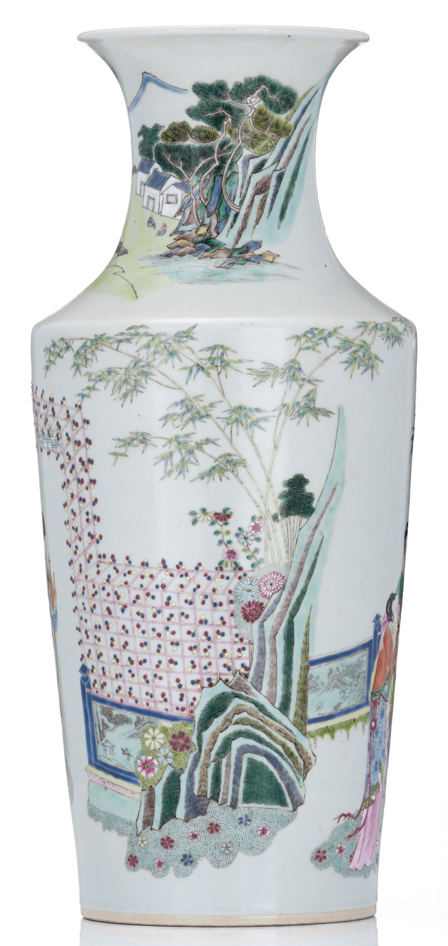 A Chinese famille rose vase, decorated with a horse riding lady accompanied by her servants, set in - Image 3 of 6