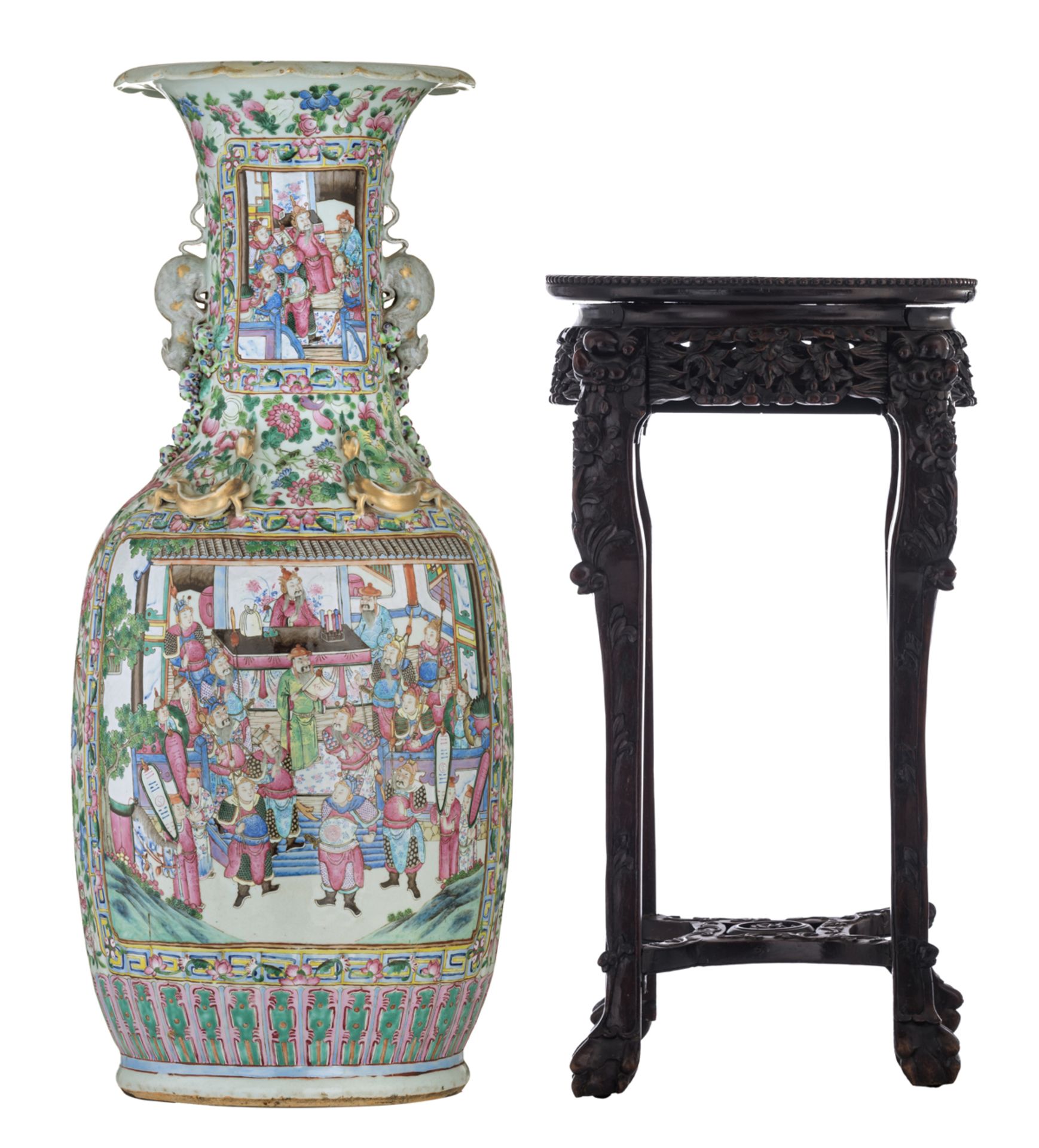 A large Chinese famille rose vase, decorated with court scenes, 19thC; added a Chinese carved hardwo