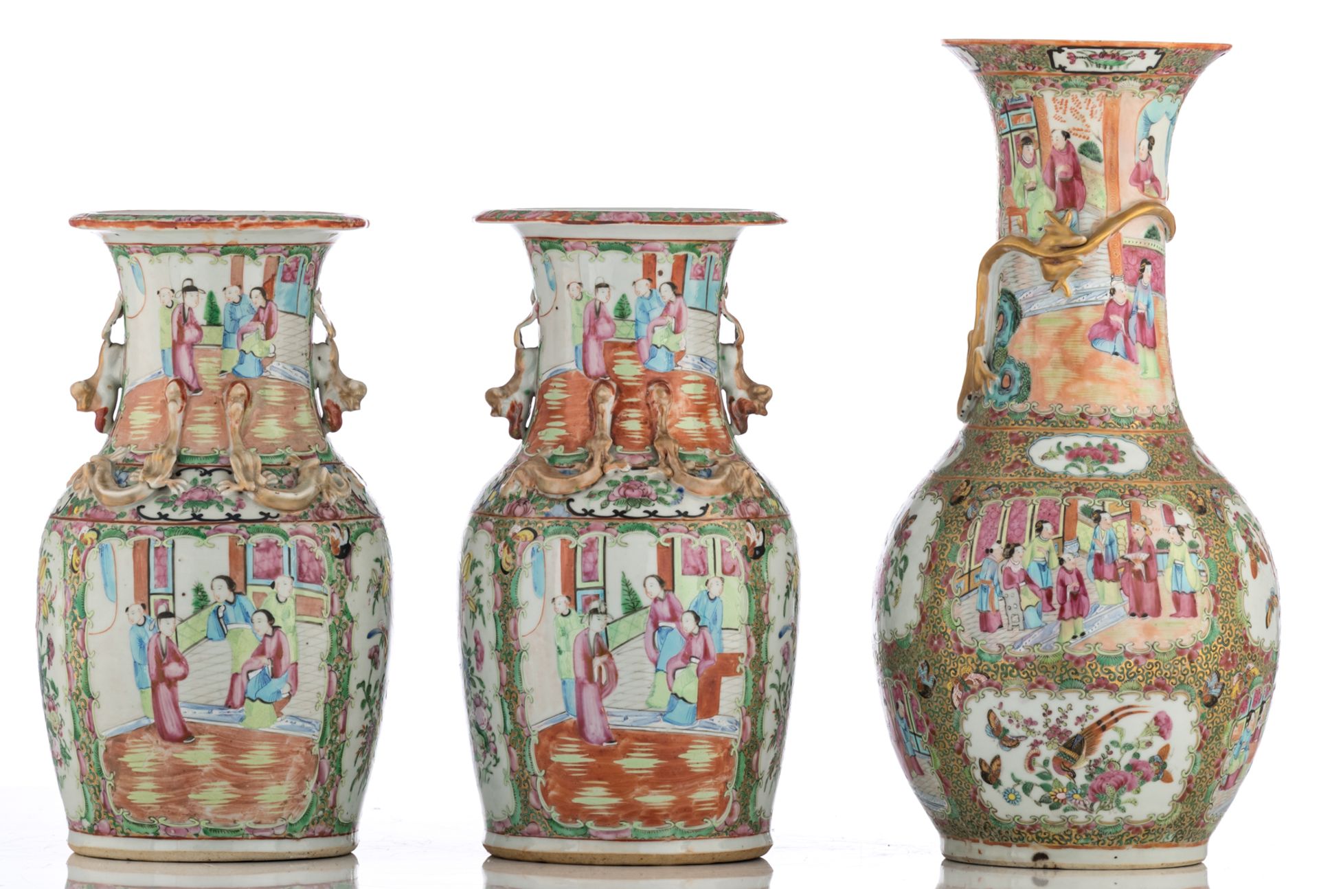 A Chinese famille rose Canton bottle vase, decorated with court scenes, birds and flower branches, - Bild 3 aus 6