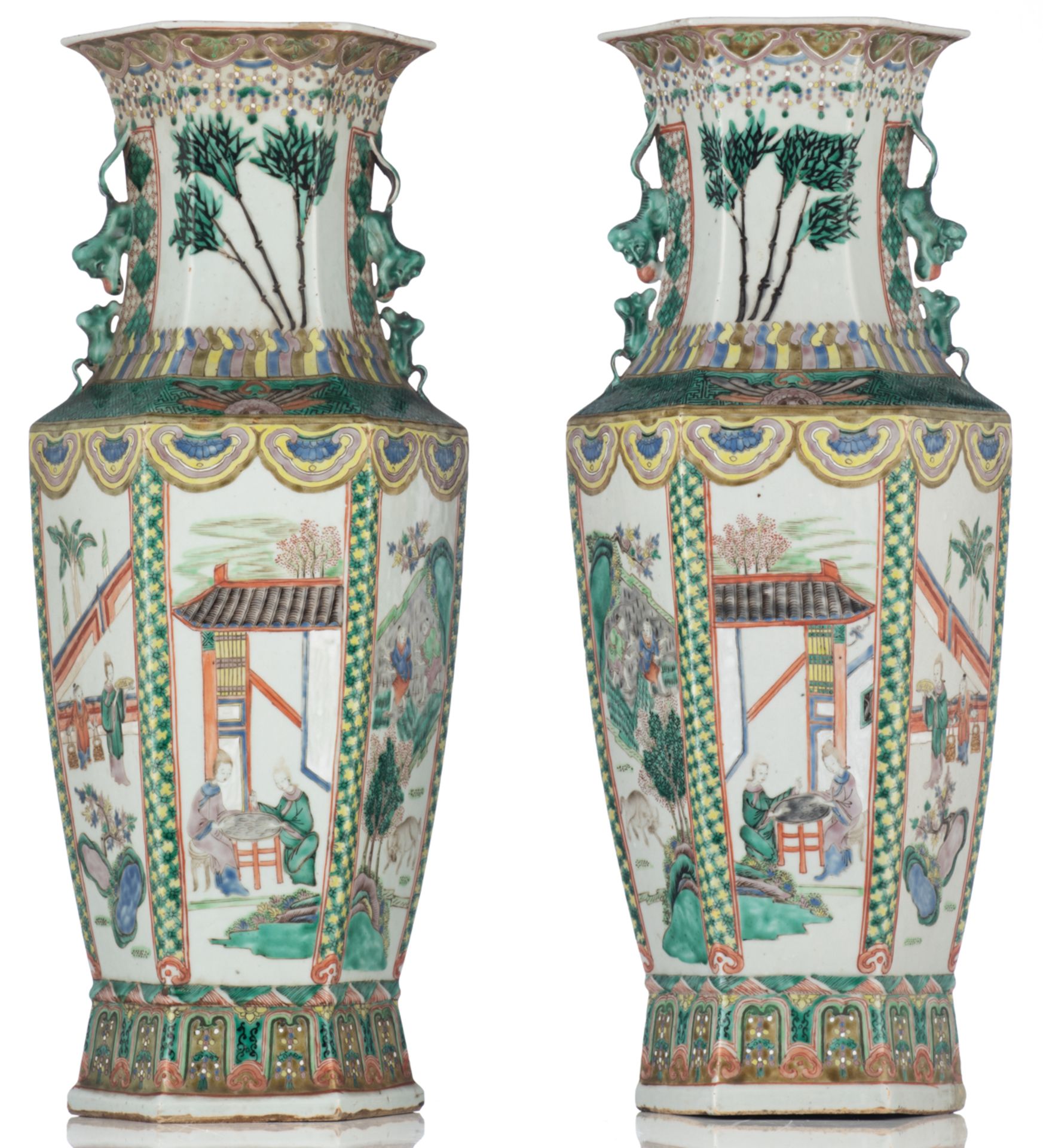 A pair of Chinese famille verte hexagonal vases, the panels decorated with daily life scenes, 19thC, - Image 3 of 6