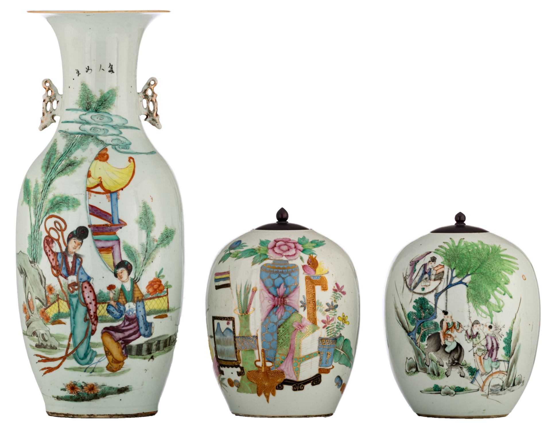 A Chinese famille rose vase, decorated with a gallant garden scene and calligraphic texts; added two