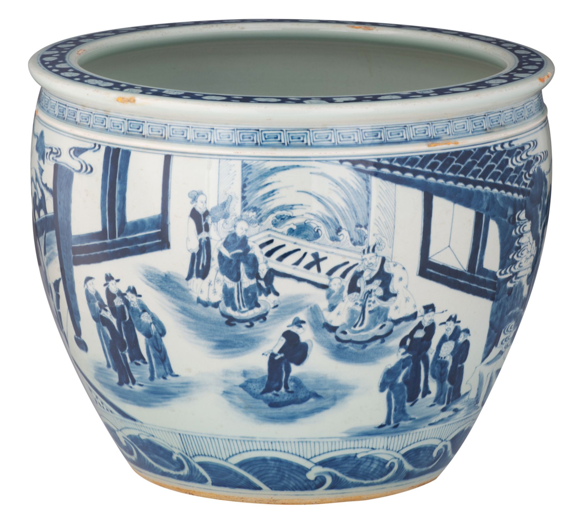 A Chinese blue and white jardiniere, decorated with daily life scenes, H 33 - ø 41,5 cm