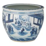 A Chinese blue and white jardiniere, decorated with daily life scenes, H 33 - ø 41,5 cm