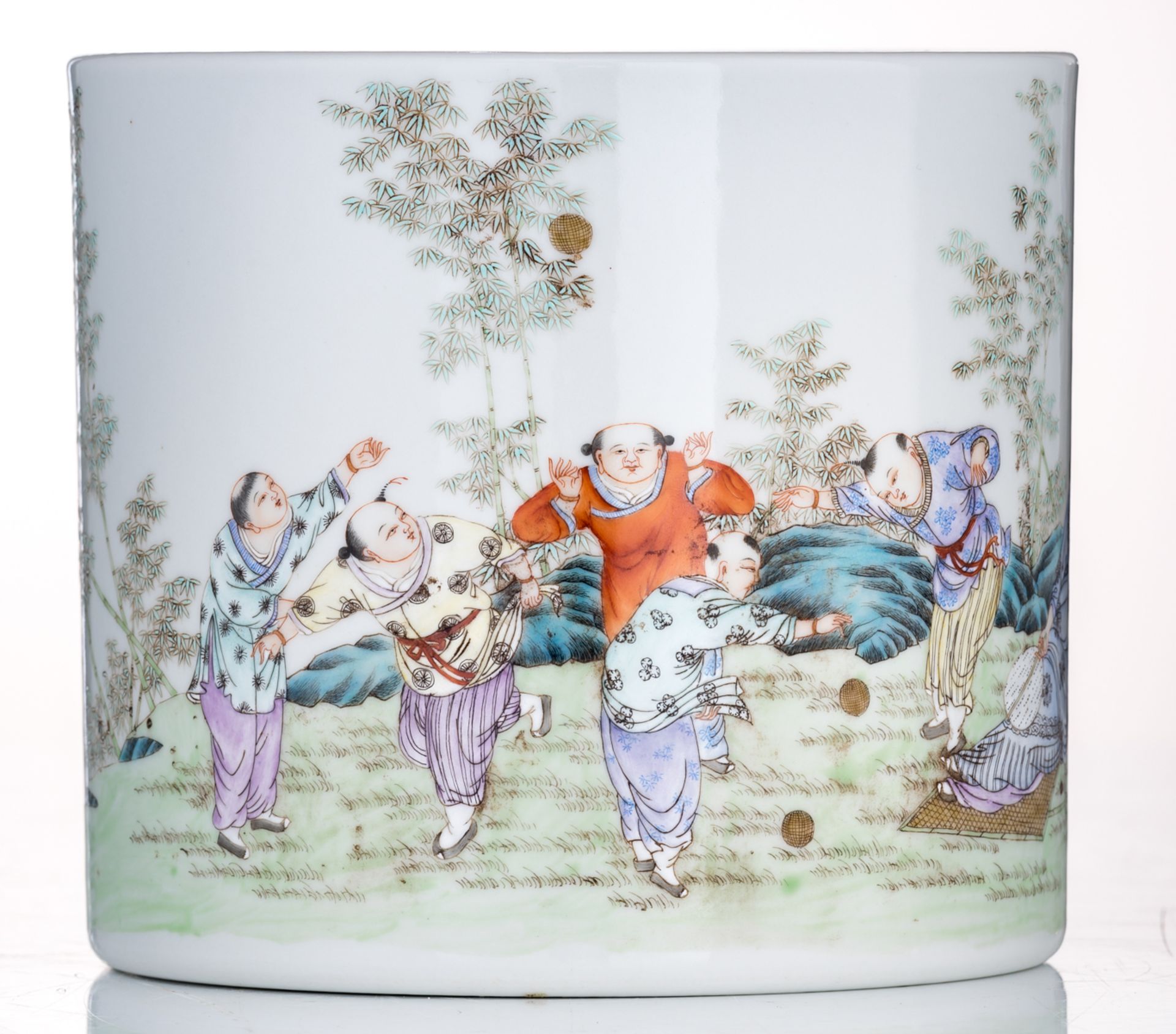 A Chinese famille rose brush pot, decorated with playing children in a garden, with a Qianlong mark, - Image 2 of 7