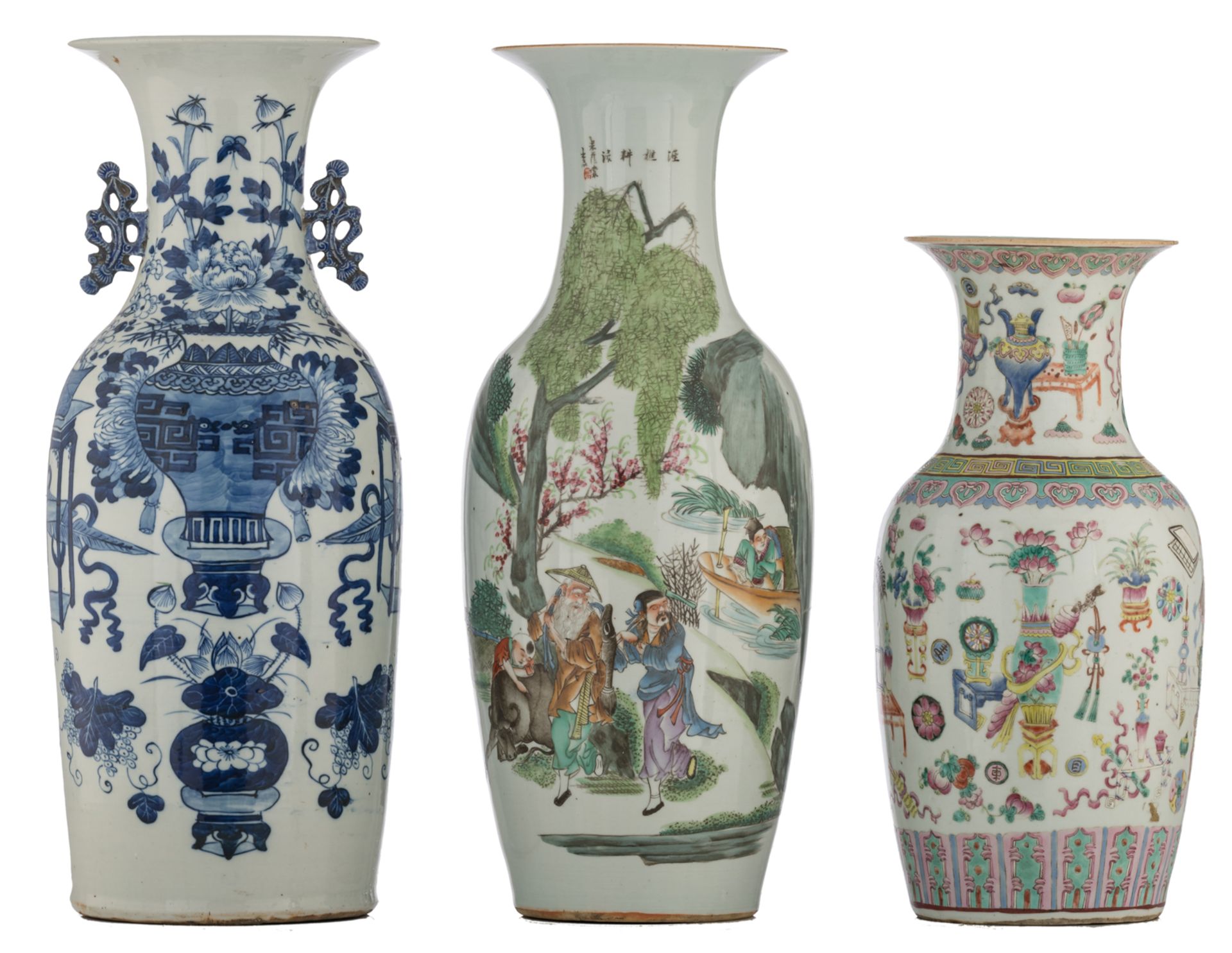 A Chinese polychrome vase, decorated with an animated scene; added a ditto famille rose vase, decora