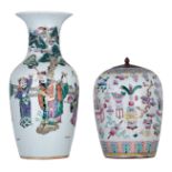 A Chinese famille rose vase, decorated with an animated scene, the back with bats and butterflies; a