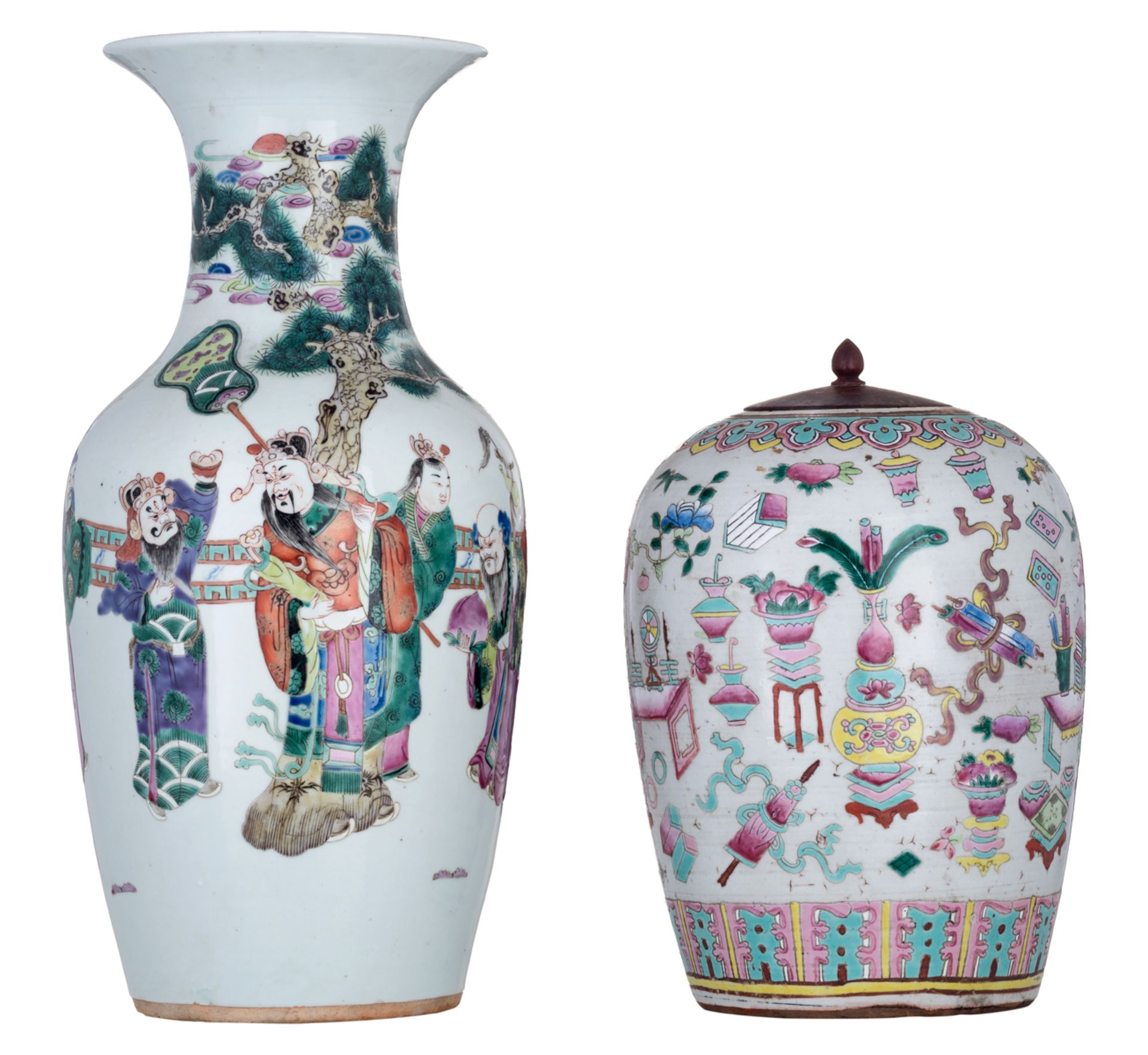 A Chinese famille rose vase, decorated with an animated scene, the back with bats and butterflies; a