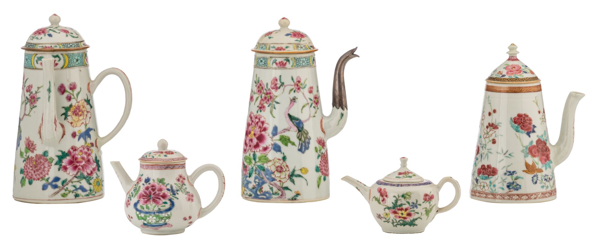 A lot of three Chinese famille rose porcelain coffee pots (one with silver mount) and two small tea