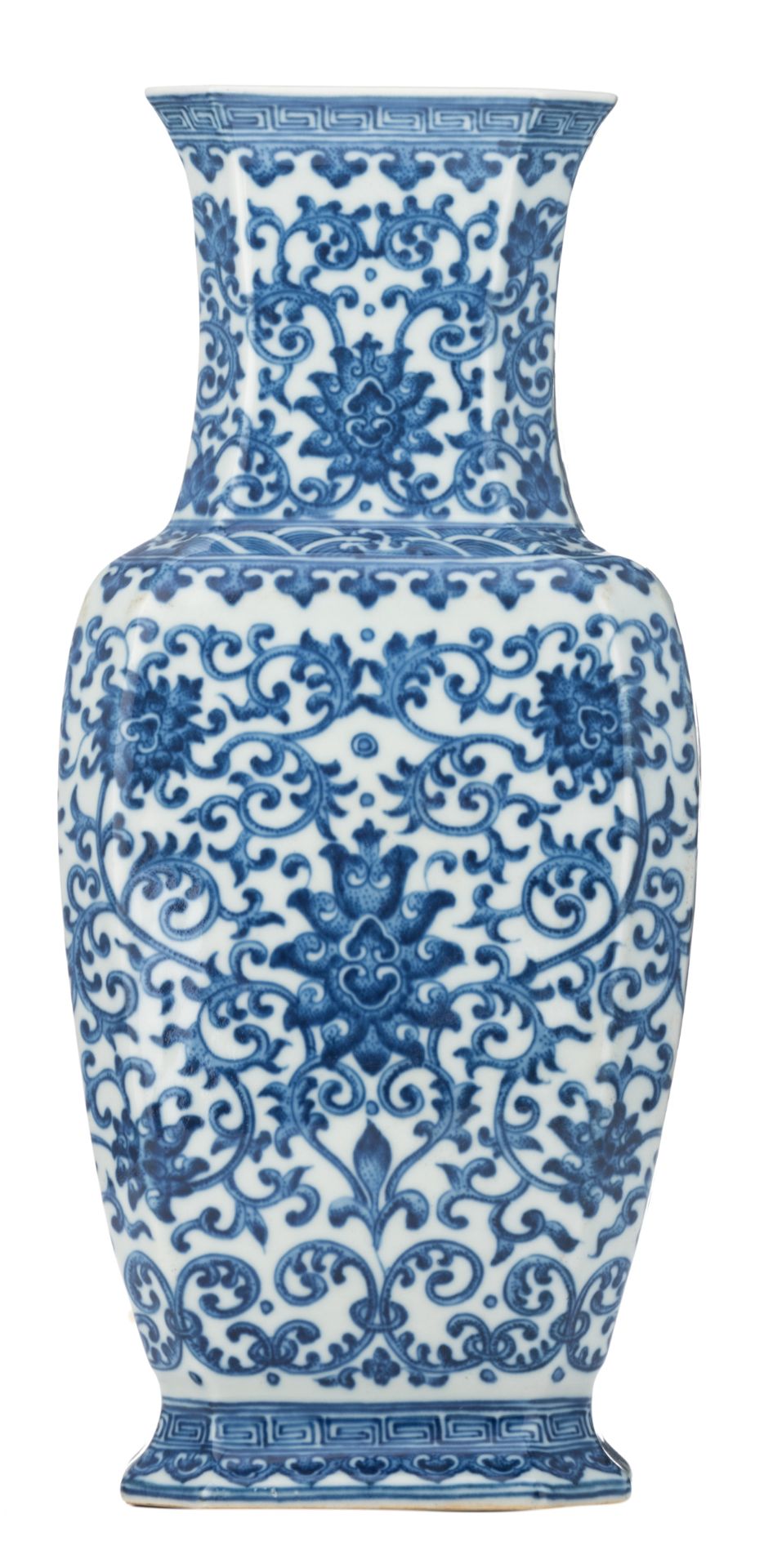 A Chinese blue and white octagonal baluster shaped vase, all over decorated with scrolling lotus, wi