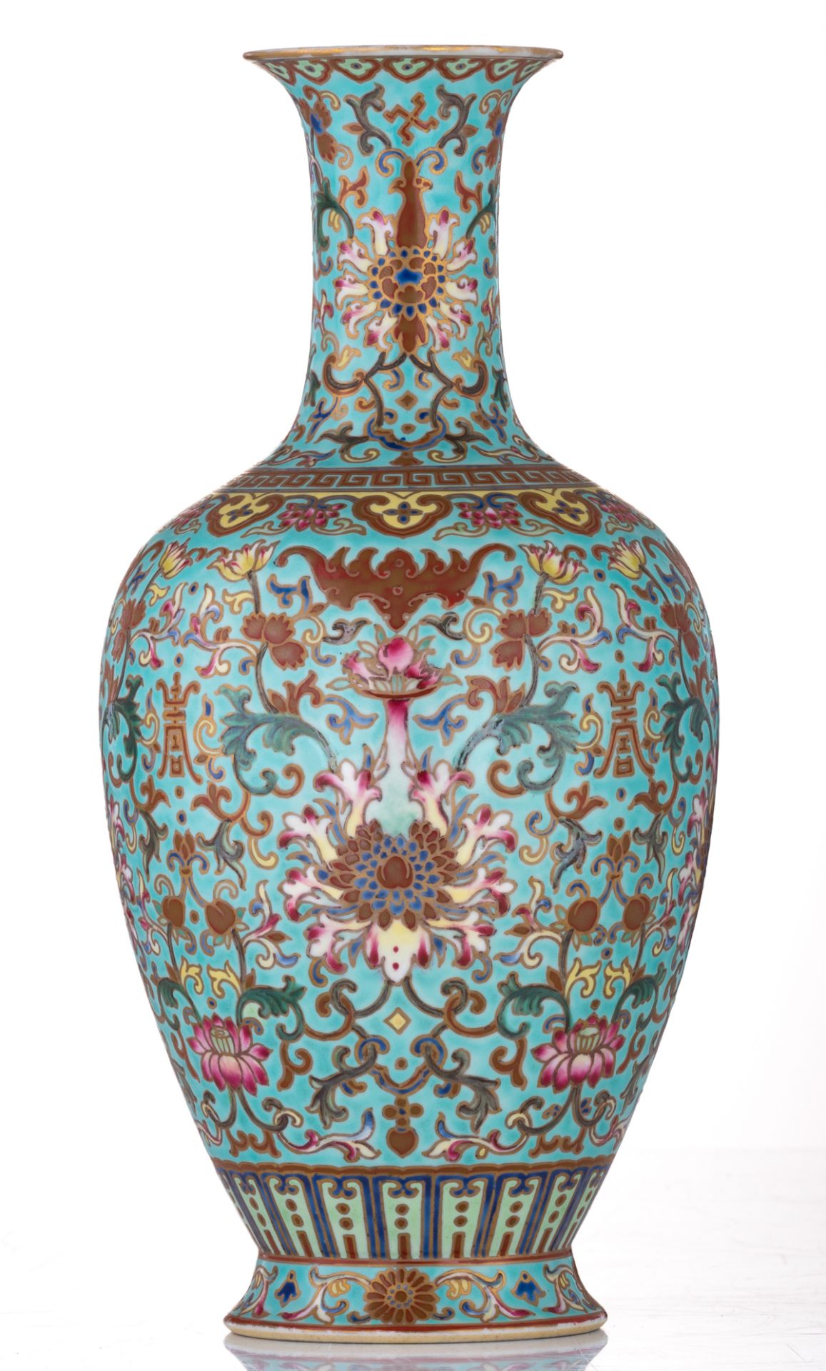 A Chinese gilt and polychrome enamelled porcelain vase, decorated with flower scrolls, a bat and a " - Image 4 of 6