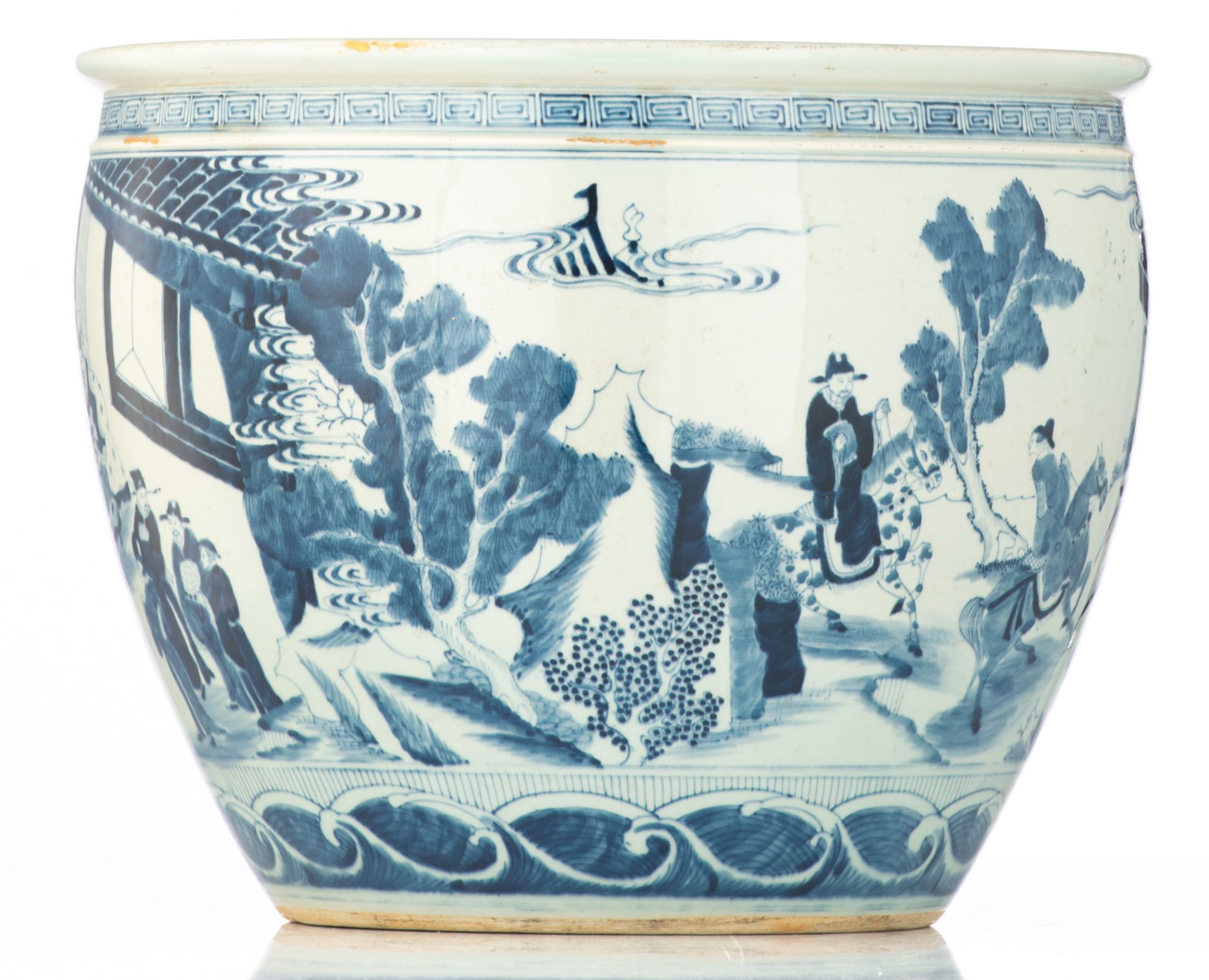 A Chinese blue and white jardiniere, decorated with daily life scenes, H 33 - ø 41,5 cm - Image 3 of 7