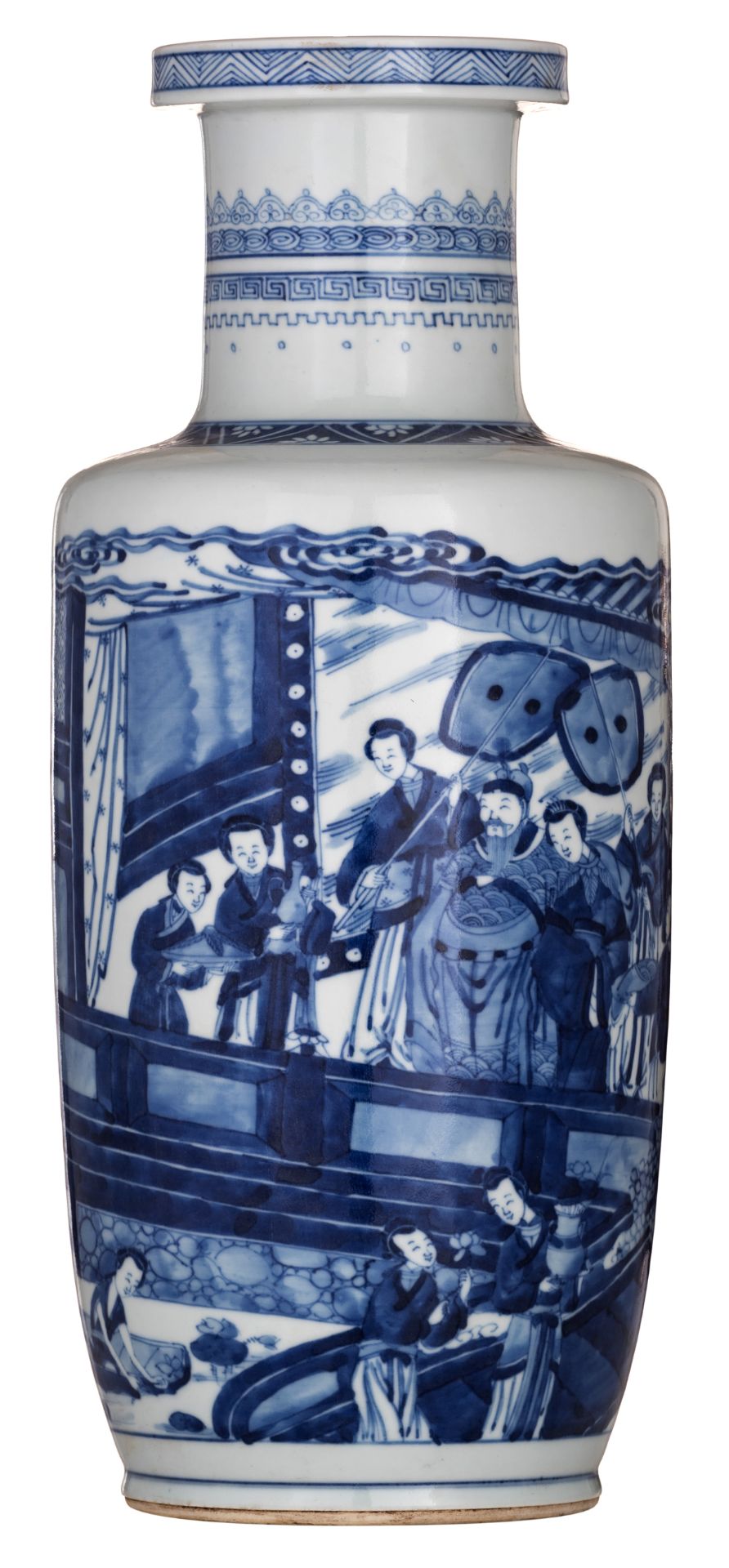 A Chinese blue and white rouleau vase, decorated with an official, his wife and servants sitting in