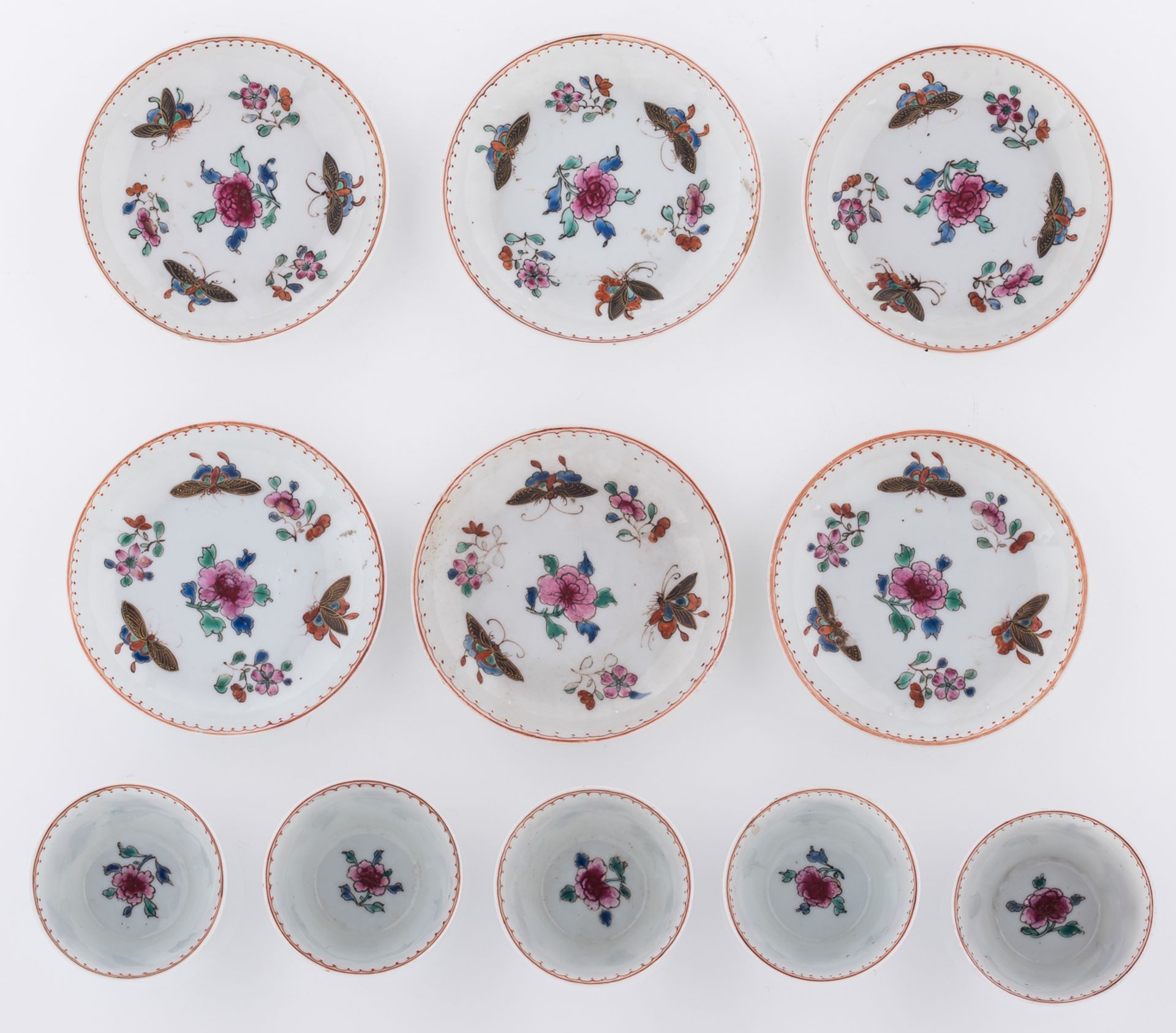 Five Chinese cups, polychrome decorated with flowers and butterflies, and six ditto saucers, H 4 - ø - Bild 6 aus 7