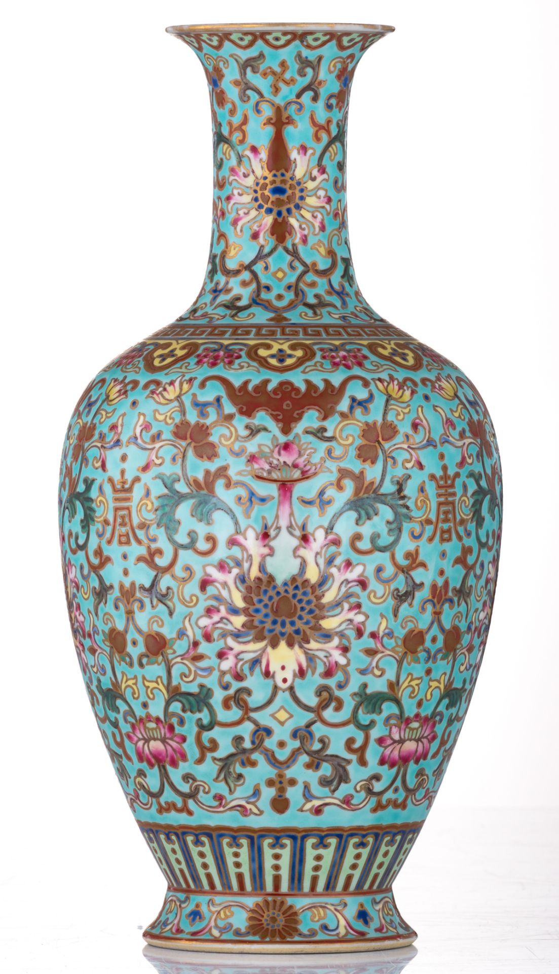 A Chinese gilt and polychrome enamelled porcelain vase, decorated with flower scrolls, a bat and a " - Image 2 of 6