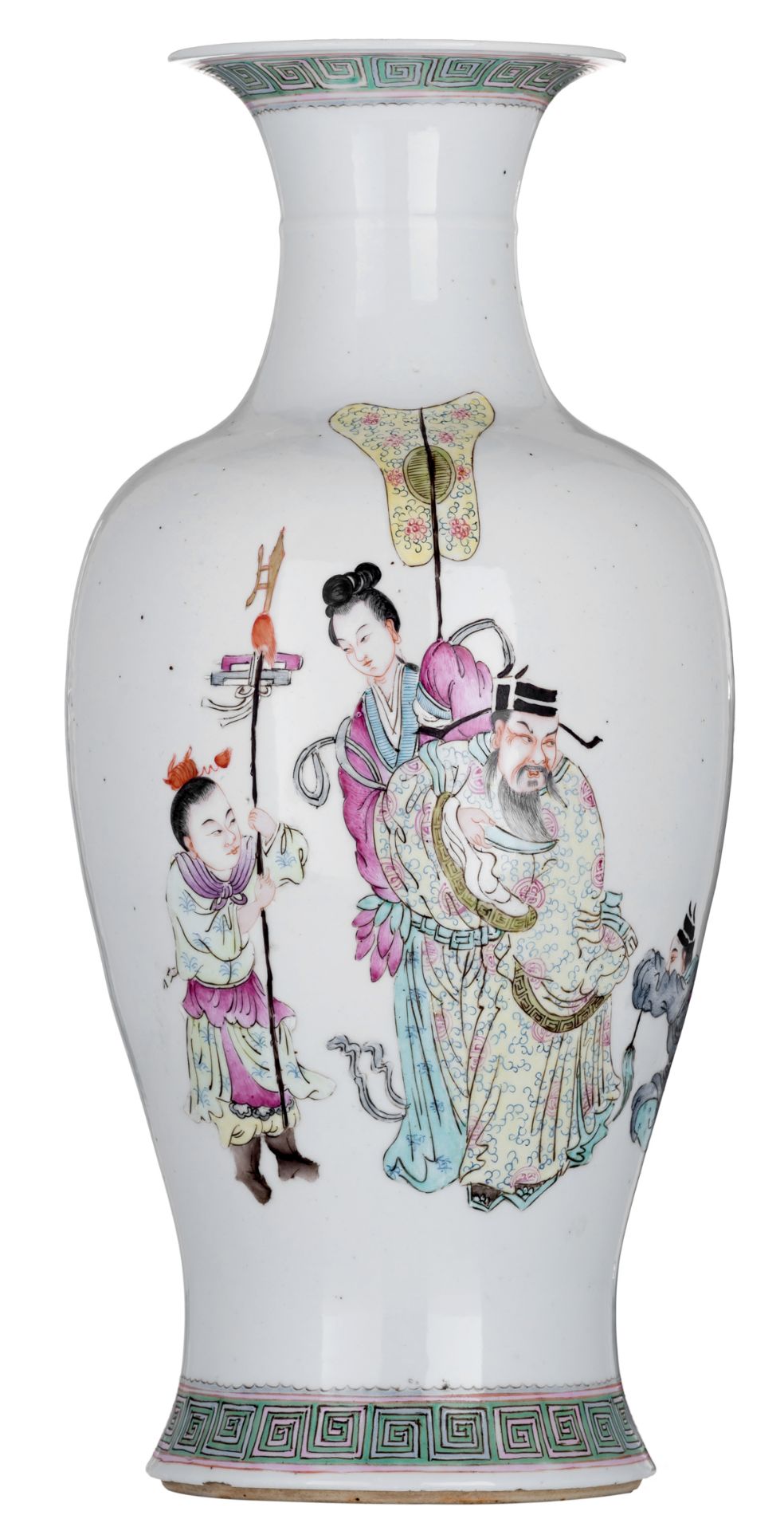 A Chinese famille rose baluster shaped vase, decorated with an animated scene, Guangxu marked and pe