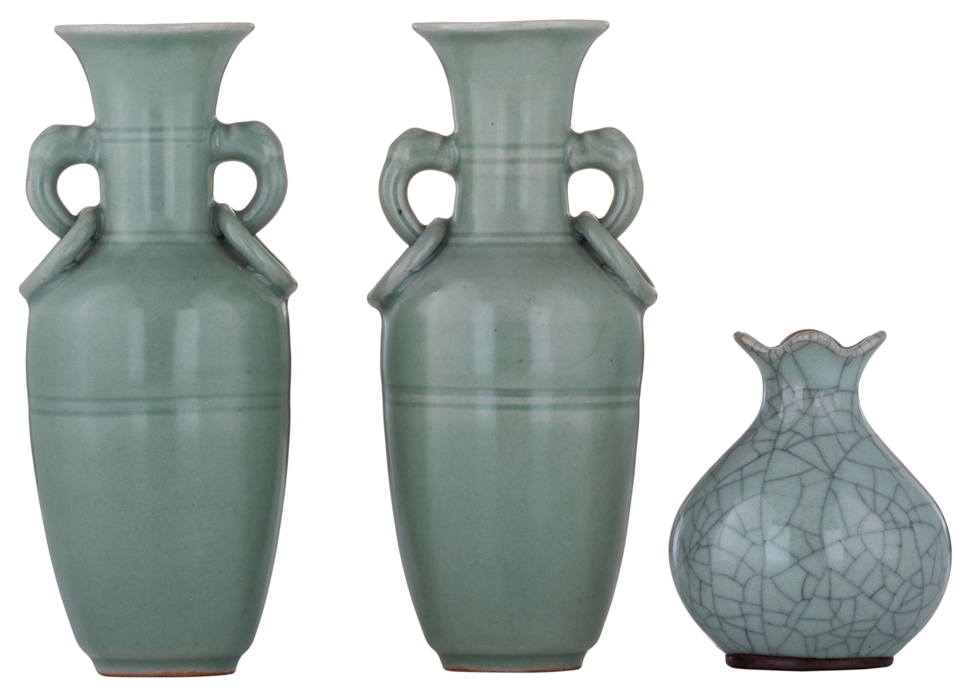 A lot of two small Chinese celadon stoneware vases and a small granate shaped vase with guan glaze,