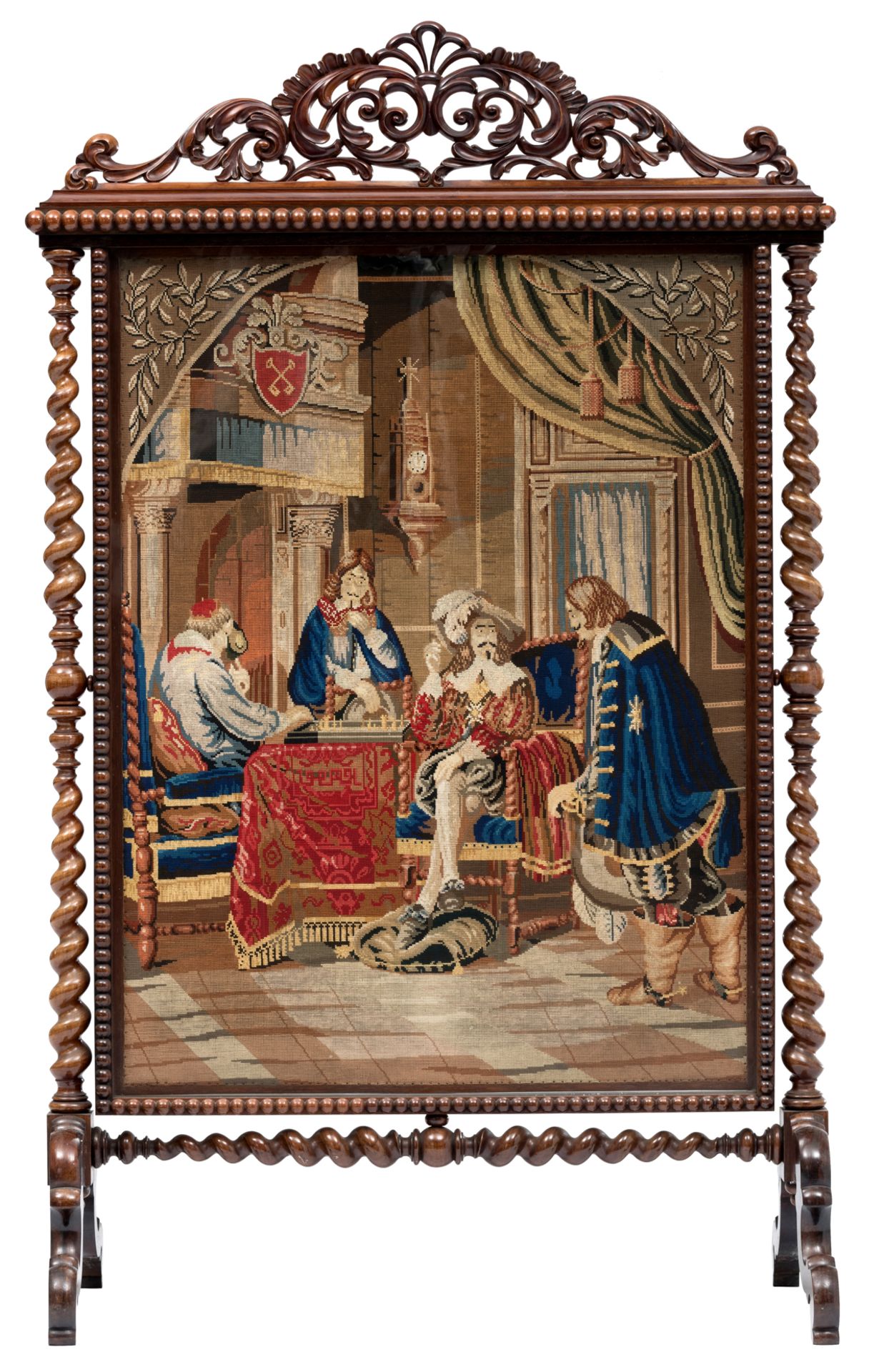 A rosewood and mahogany late Dutch Biedermeier needlepoint pole screen (gros-point and petit-point),