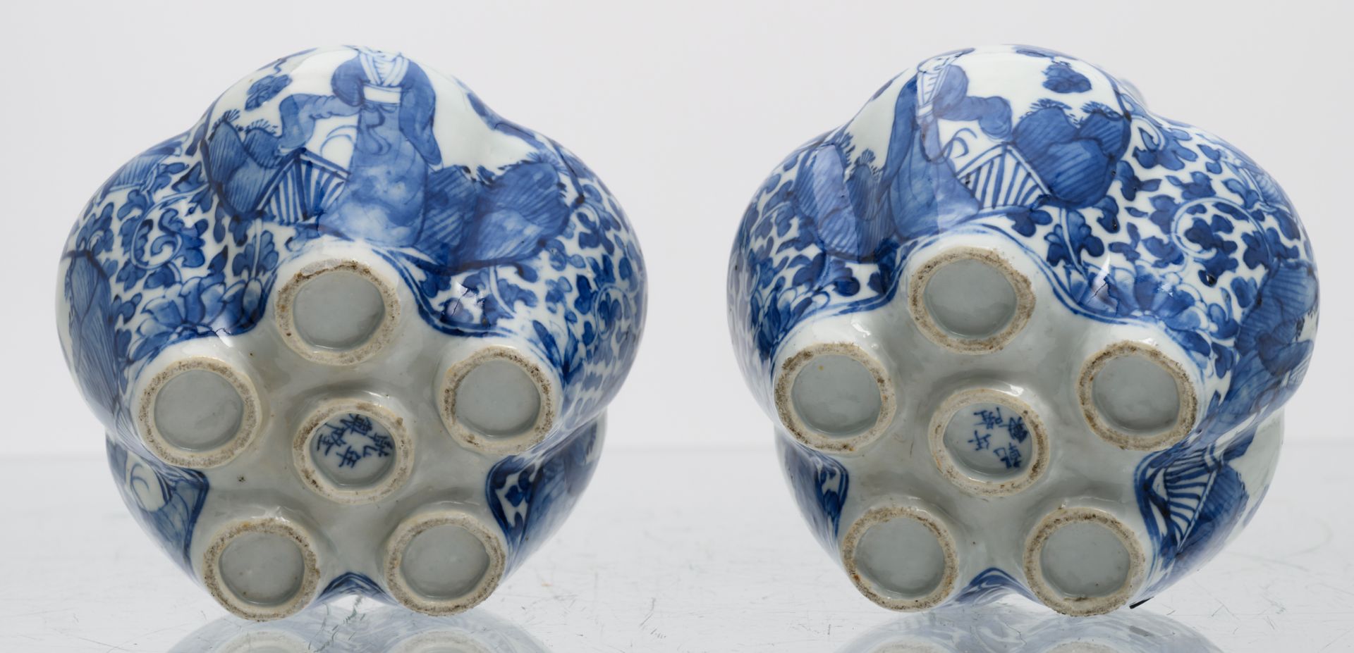 A pair of Chinese blue and white floral and relief decorated tulip vases, the roundels with figures - Image 6 of 7