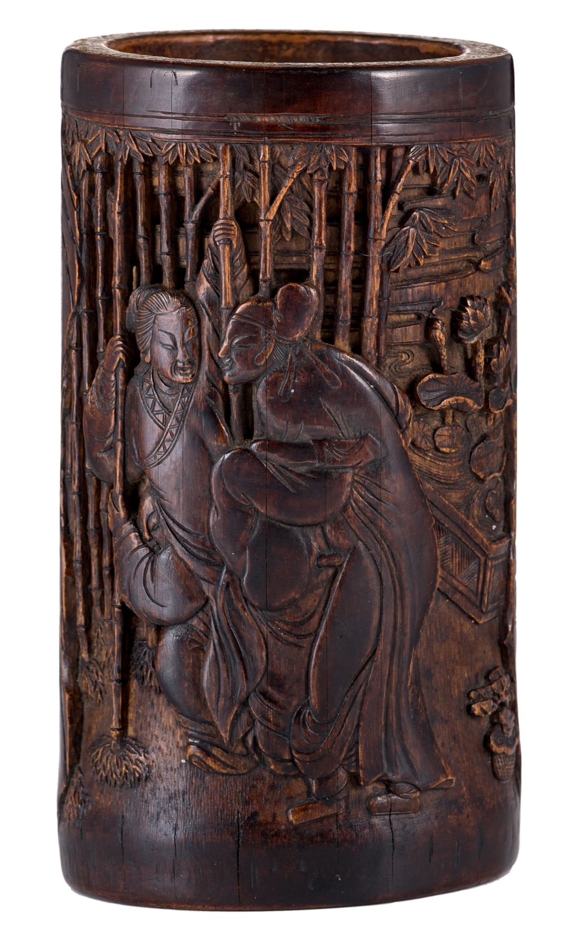 A sculpted bamboo brushpot decorated to one side with an erotic scene, the reverse with a tekst, tel