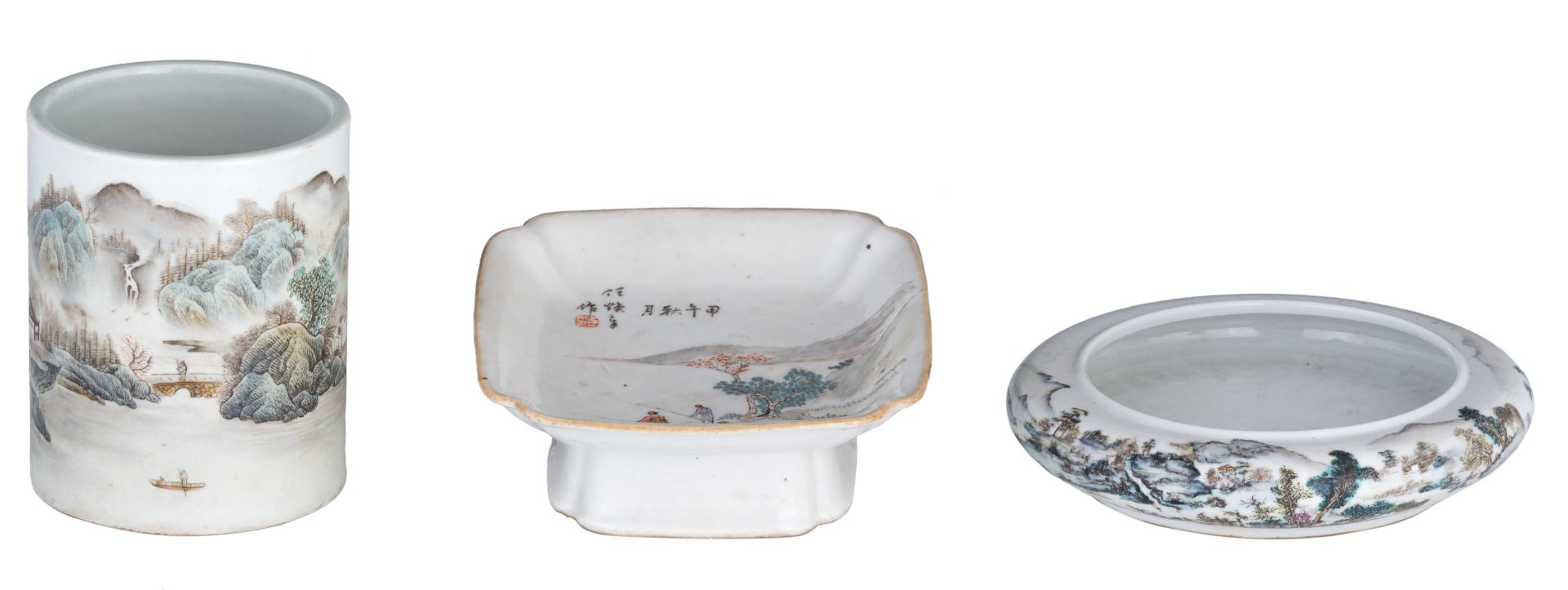 A lot of various Chinese polychrome porcelain items, including a pencil pot, with a four character m